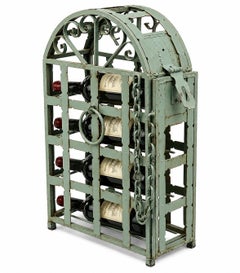 Antique French Wrought Iron Wine Bottle Cage with Arched Top and Chain, 1890s