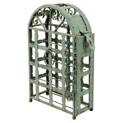 Antique French Wrought Iron Wine Bottle Cage with Arched Top and Chain, 1890s