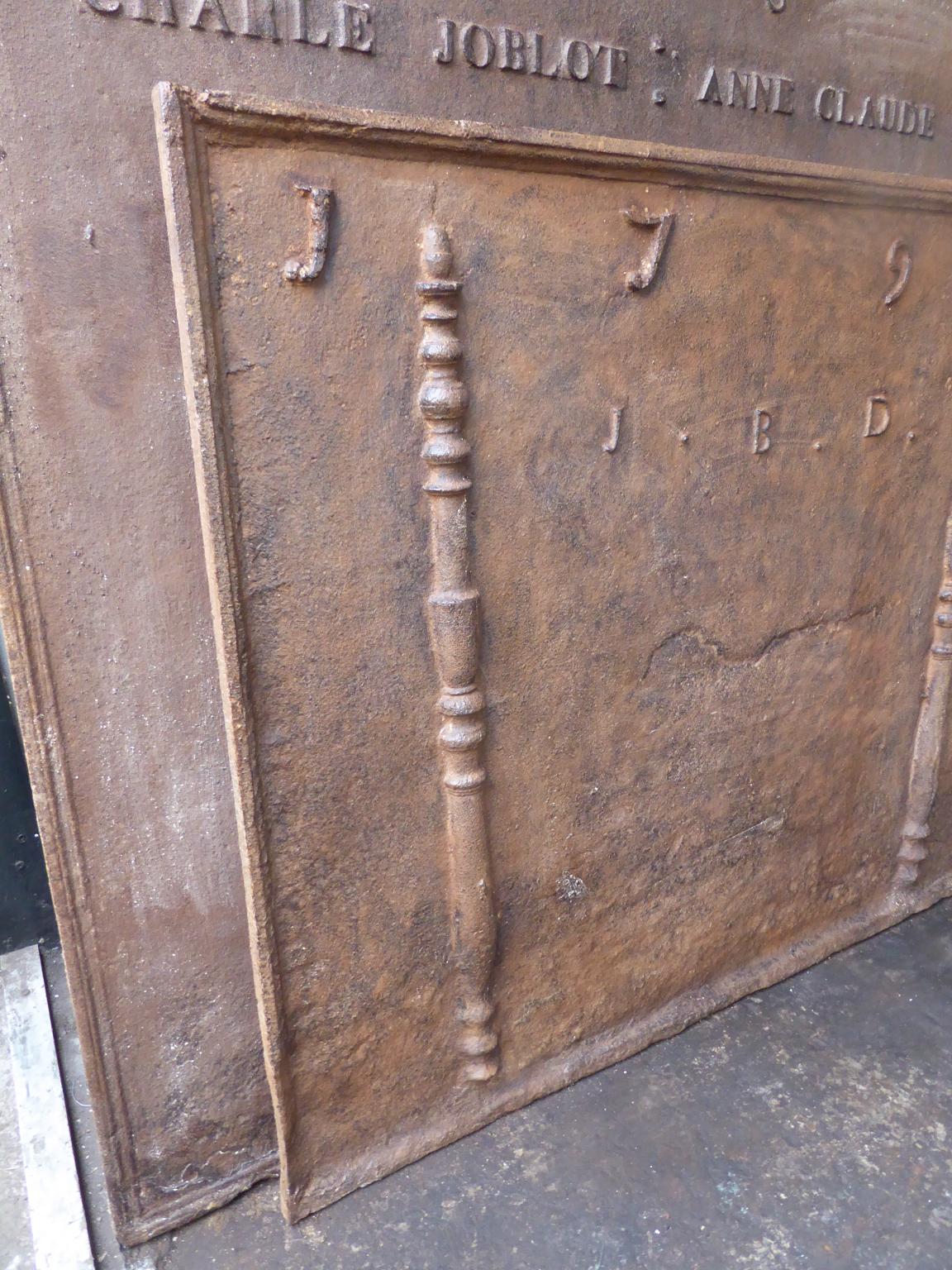 Iron Antique French 'Year' Fireback, 18th Century For Sale