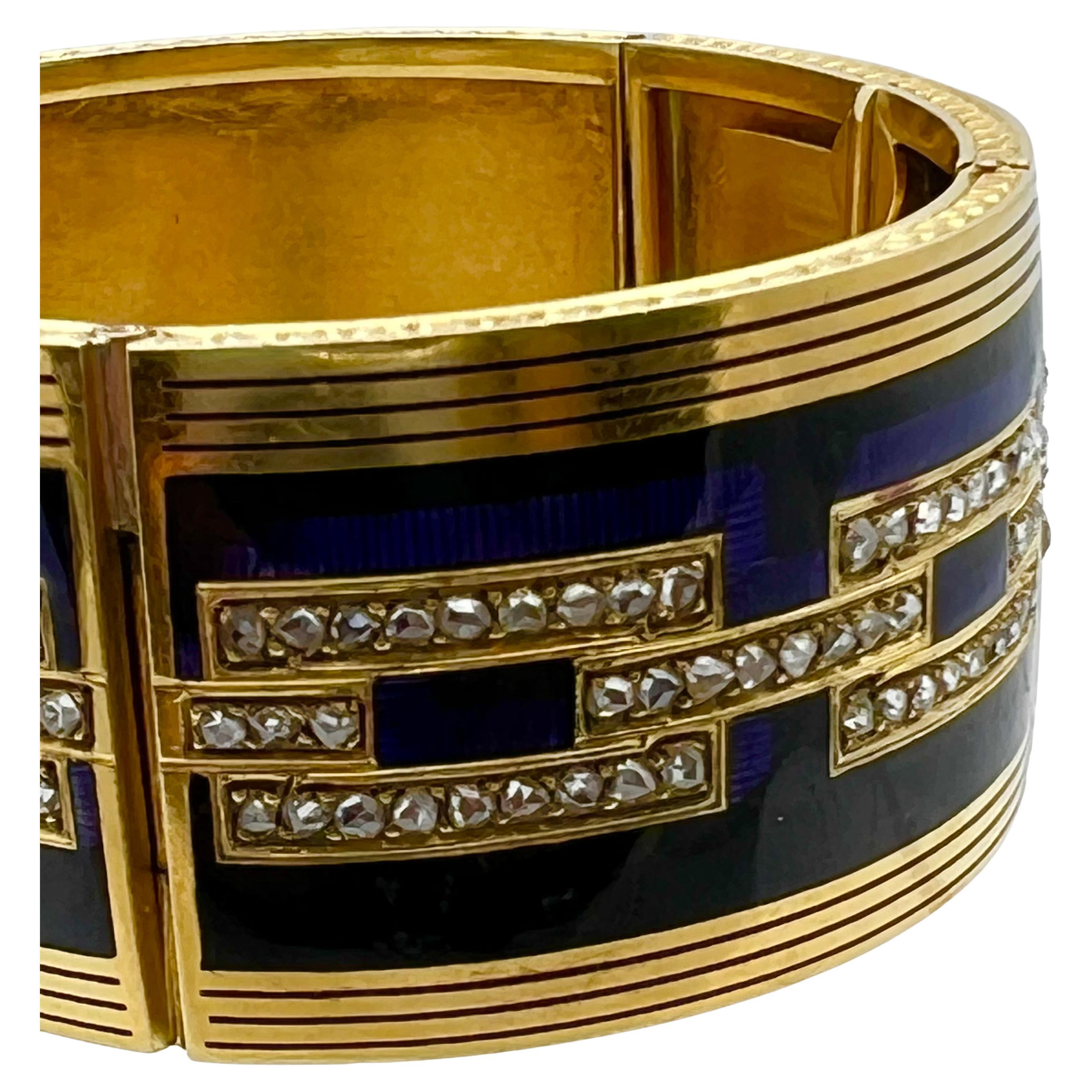 Victorien Antique French Yellow Gold Enamel Diamond Panel Bracelet en vente