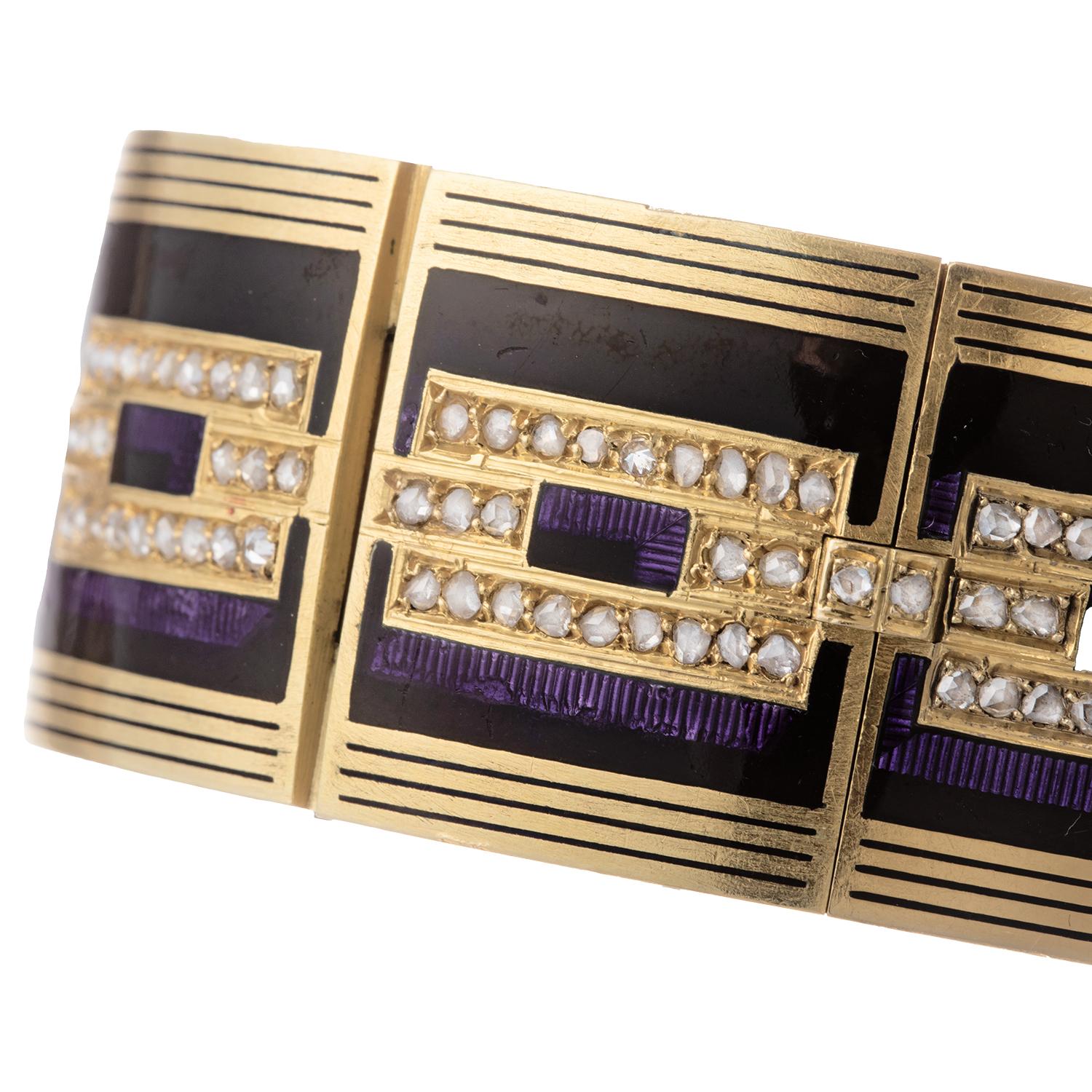 Antique French Yellow Gold Enamel Diamond Panel Bracelet Unisexe en vente