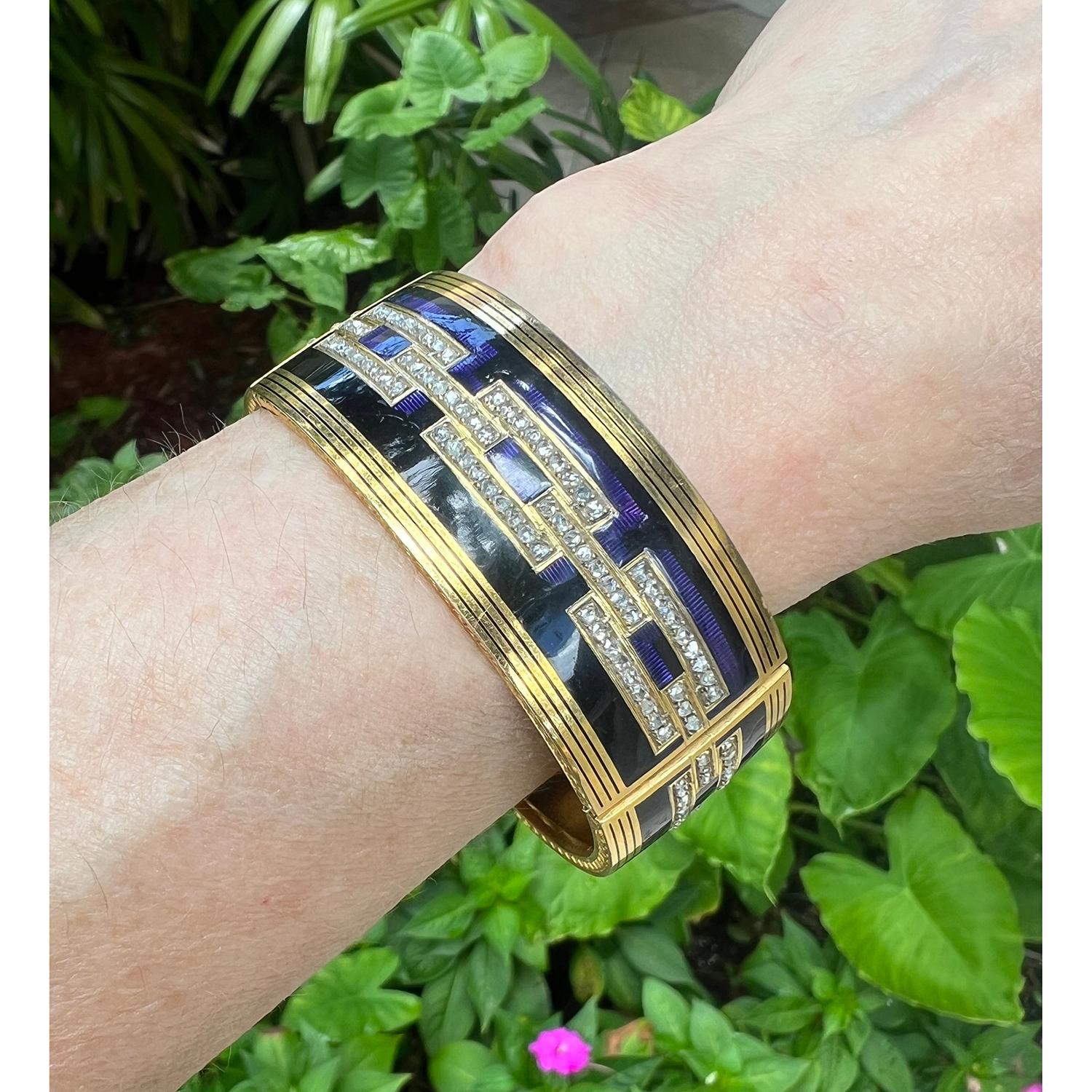Antique French Gelbgold-Emaille-Diamant-Panel-Armband für Damen oder Herren im Angebot