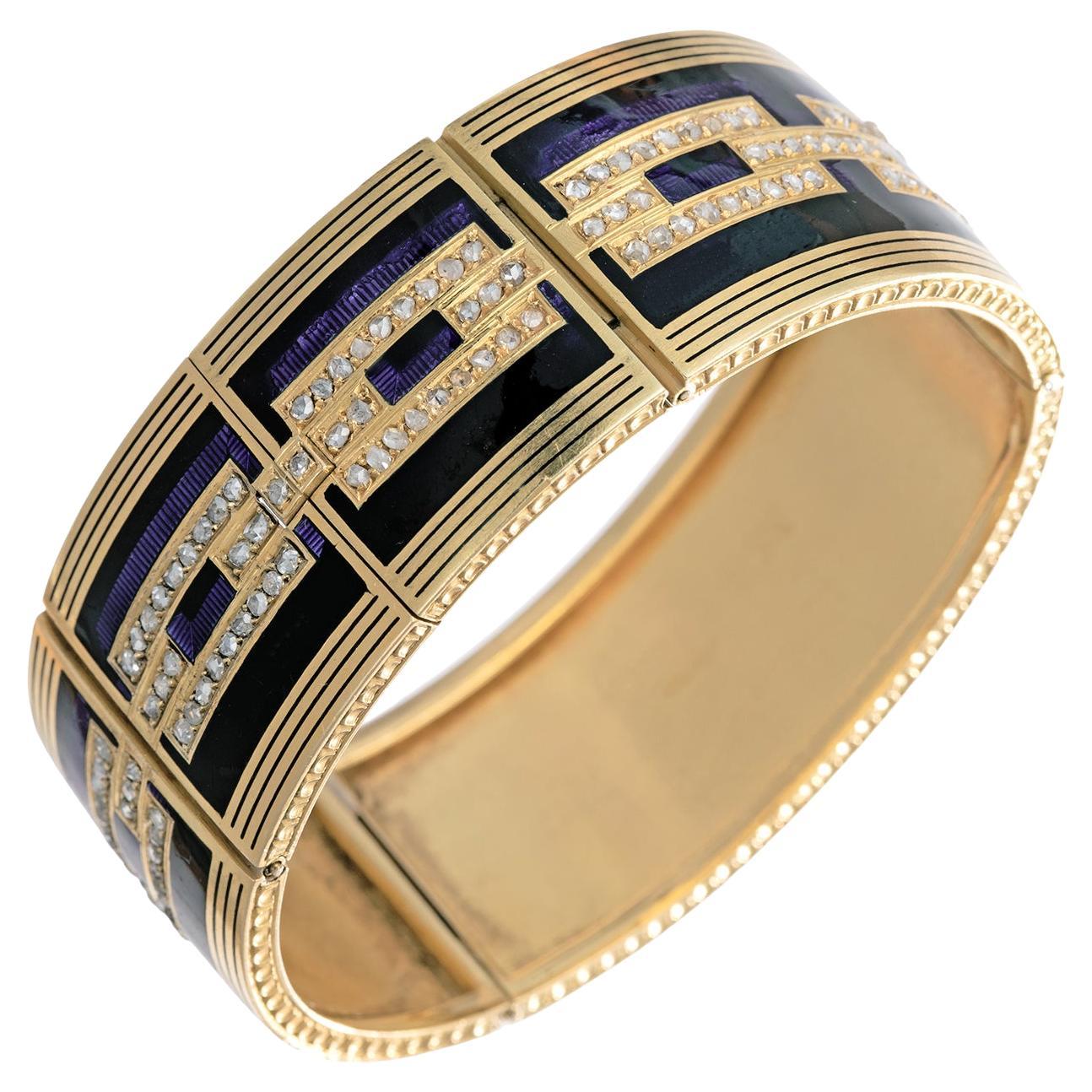 Antique French Yellow Gold Enamel Diamond Panel Bracelet
