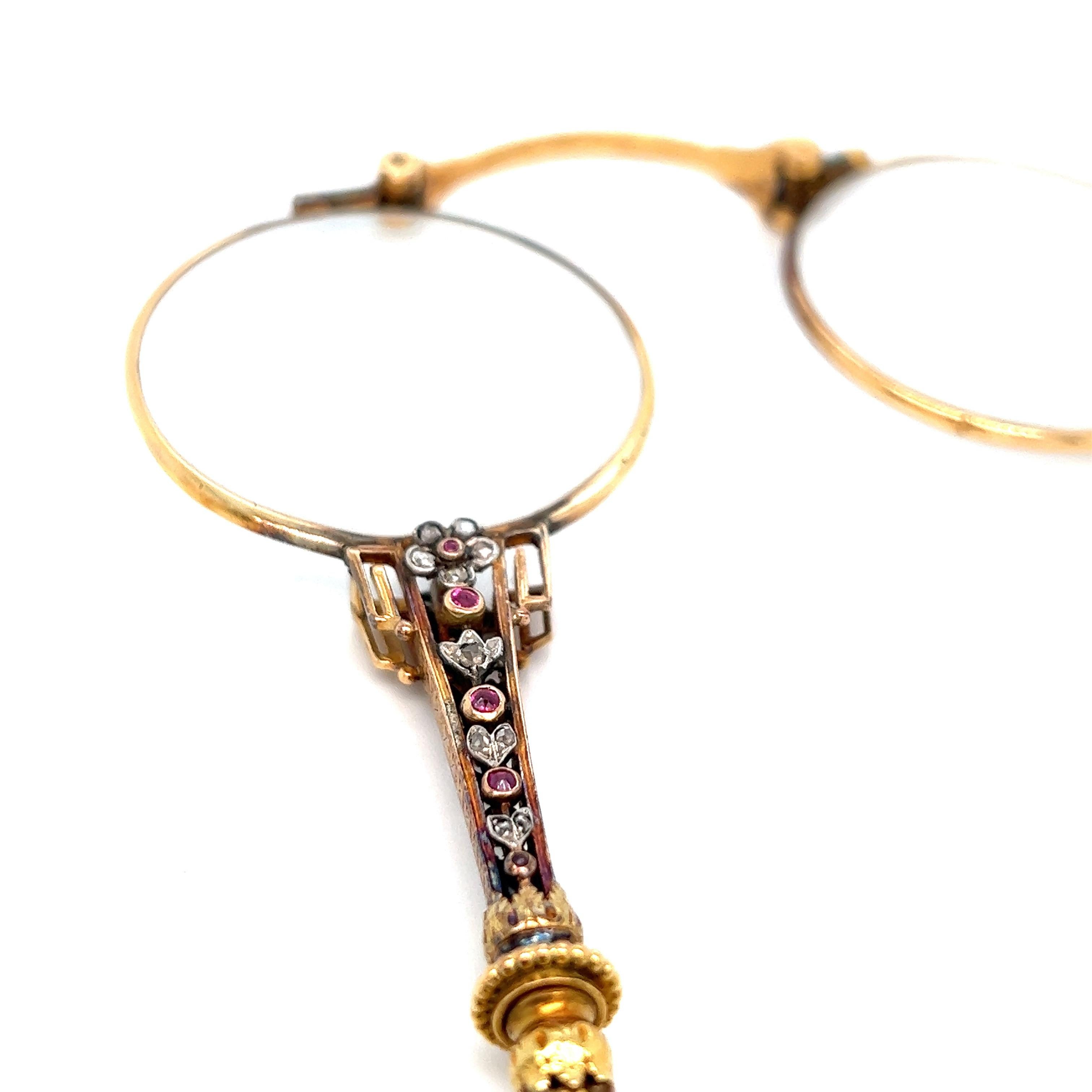 Lorgnette ancienne française en or jaune et bijoux Excellent état - En vente à New York, NY