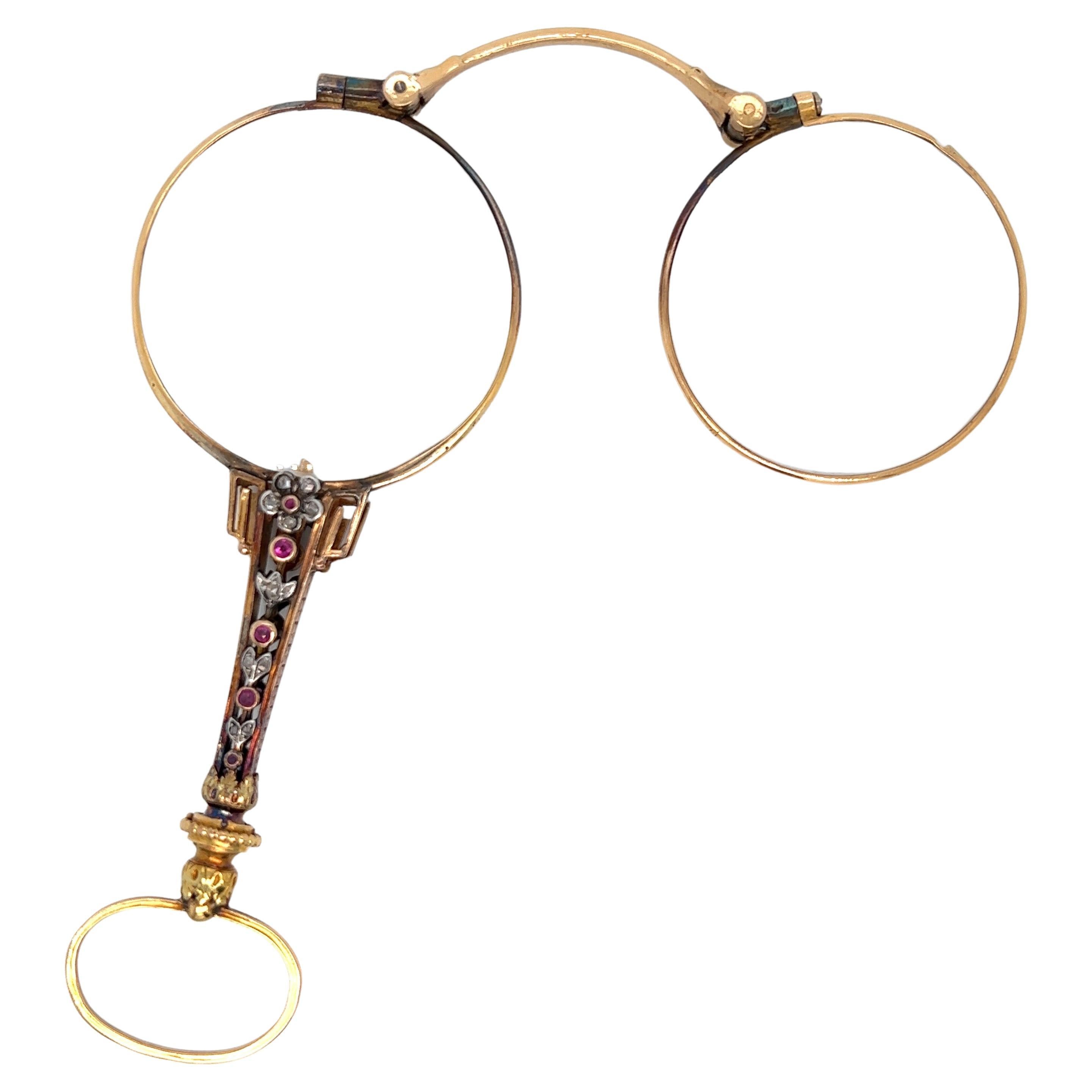Antique French Yellow Gold & Jeweled Lorgnette For Sale