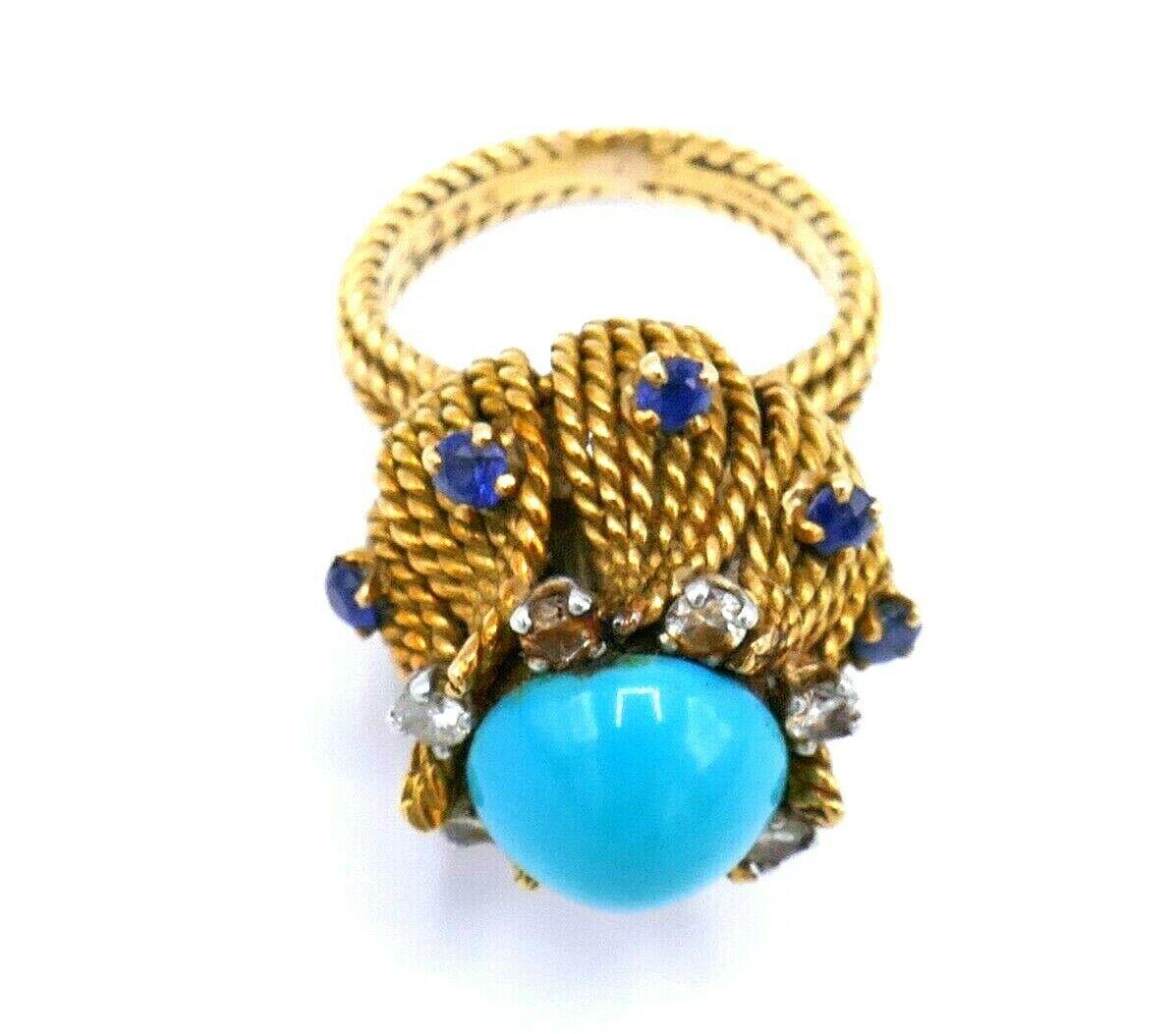 Antique French Yellow Gold Turquoise Sapphire Diamond Cocktail Ring For Sale 4