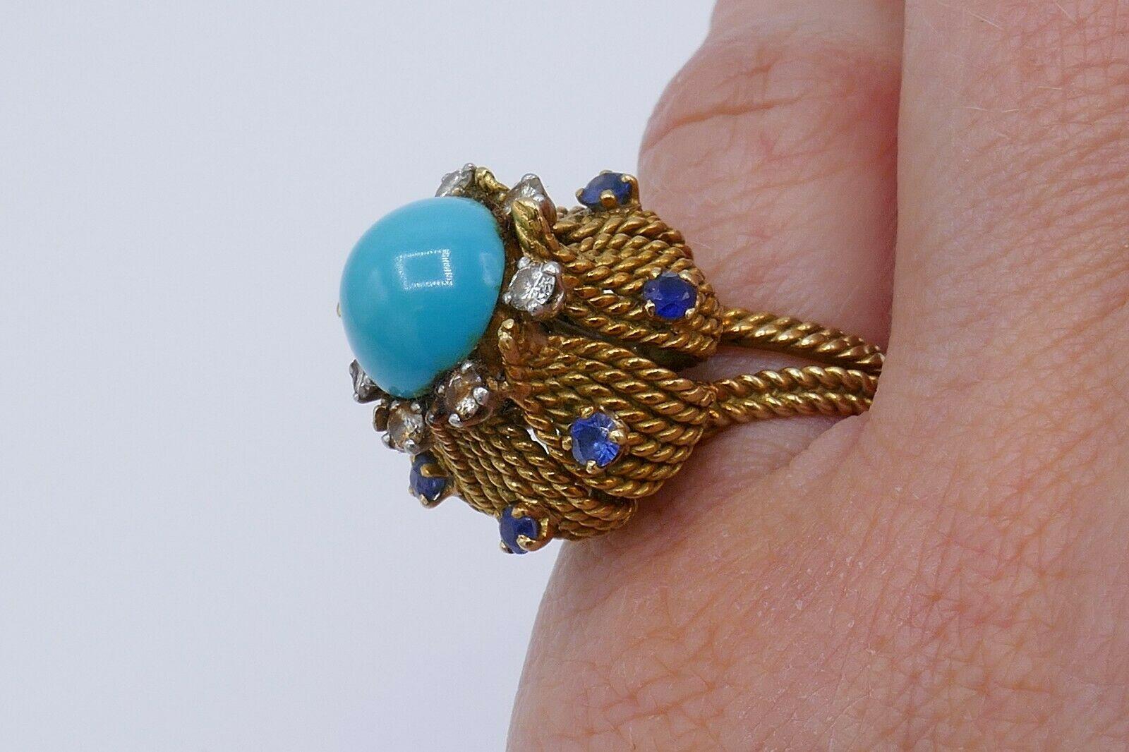 Antique French Yellow Gold Turquoise Sapphire Diamond Cocktail Ring For Sale 5