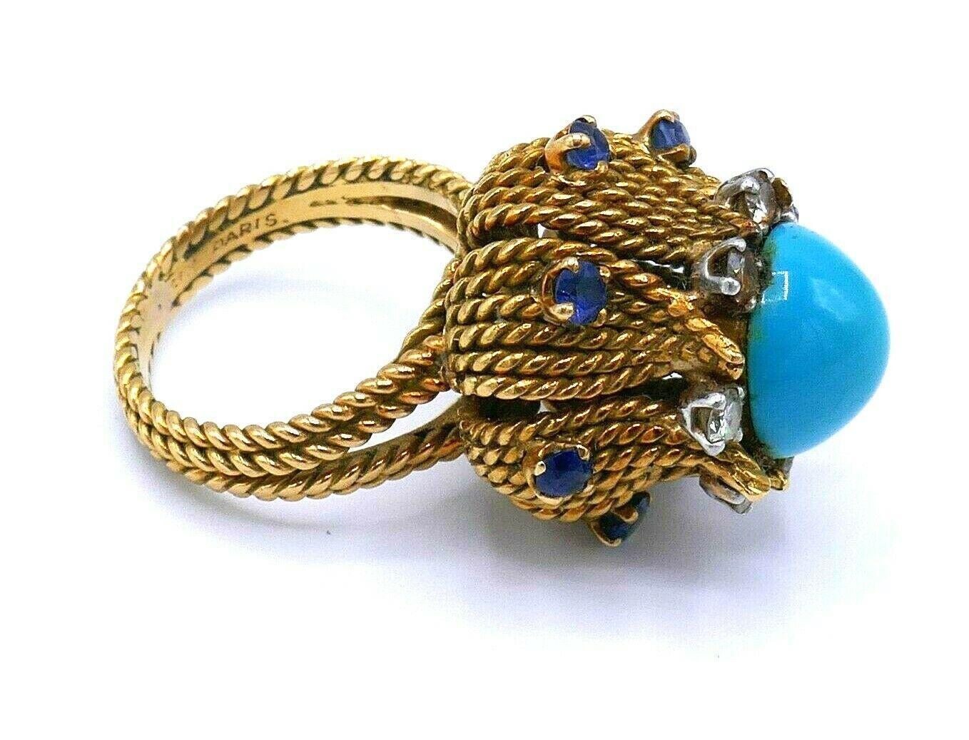 Antique French Yellow Gold Turquoise Sapphire Diamond Cocktail Ring In Excellent Condition For Sale In Beverly Hills, CA