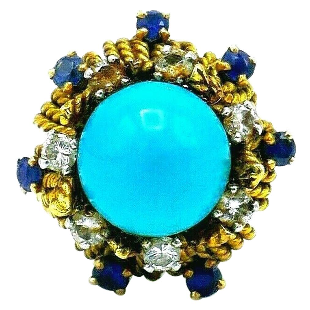 Antique French Yellow Gold Turquoise Sapphire Diamond Cocktail Ring For Sale