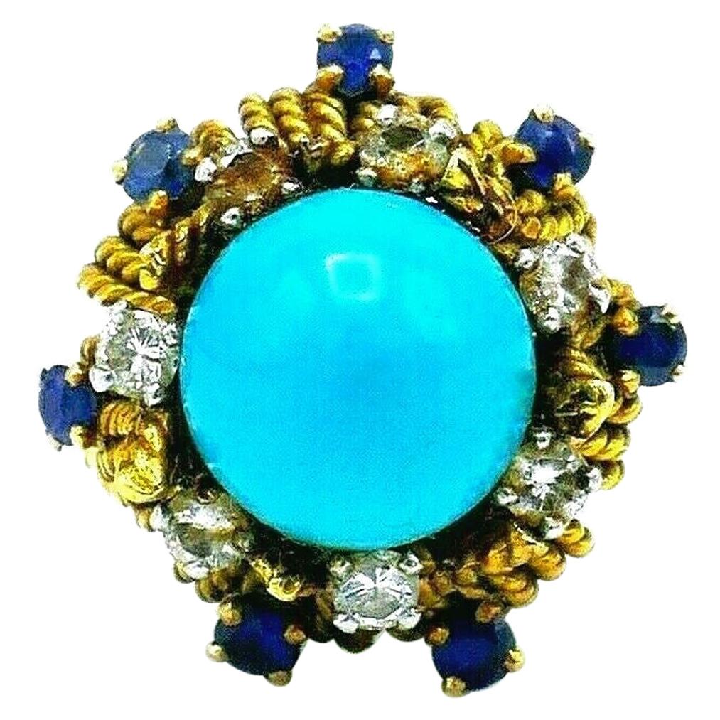 Bague cocktail française d'antiquités en or jaune avec turquoise, saphir et diamant