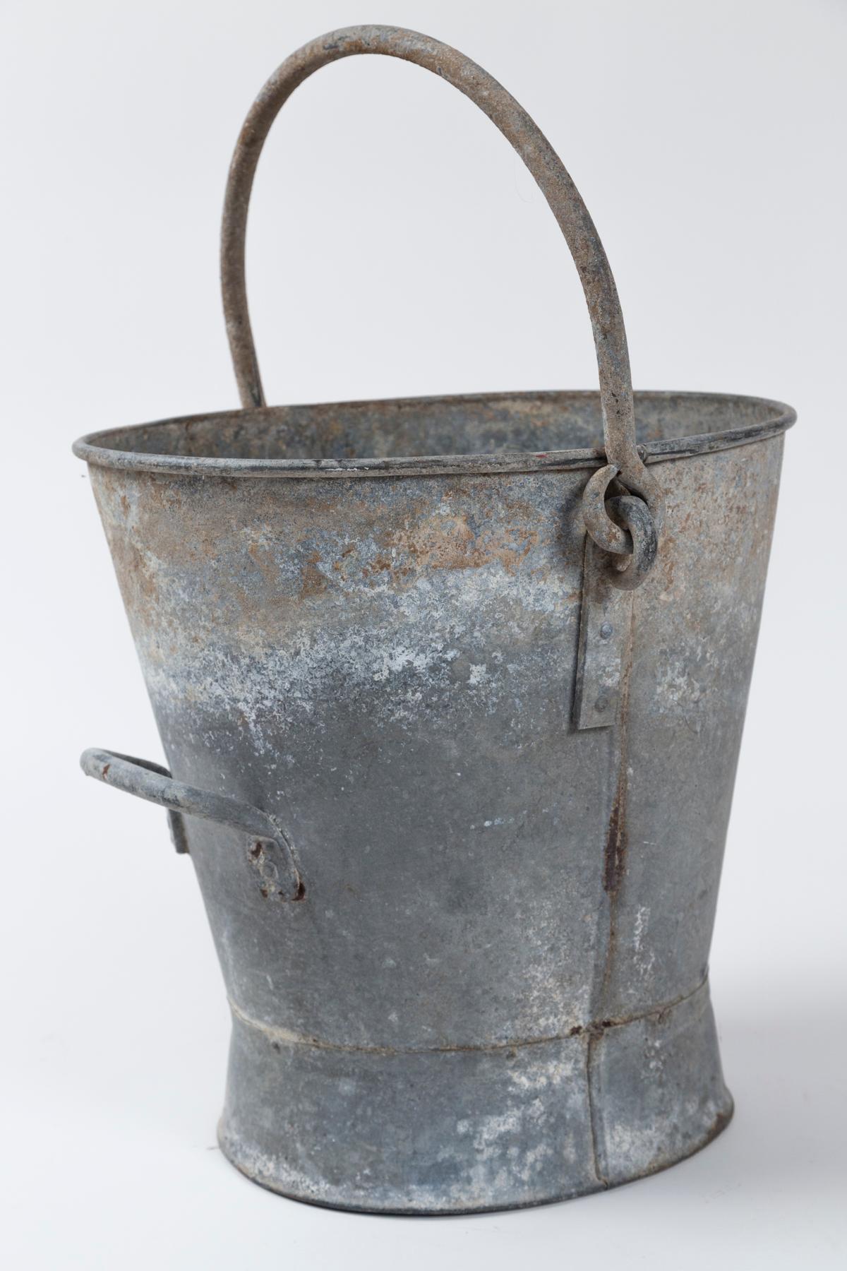 Antique French Zinc Milk Bucket, early 20th Century. Hand-crafted bucket with bale and fixed handles. Wonderful aged patina.