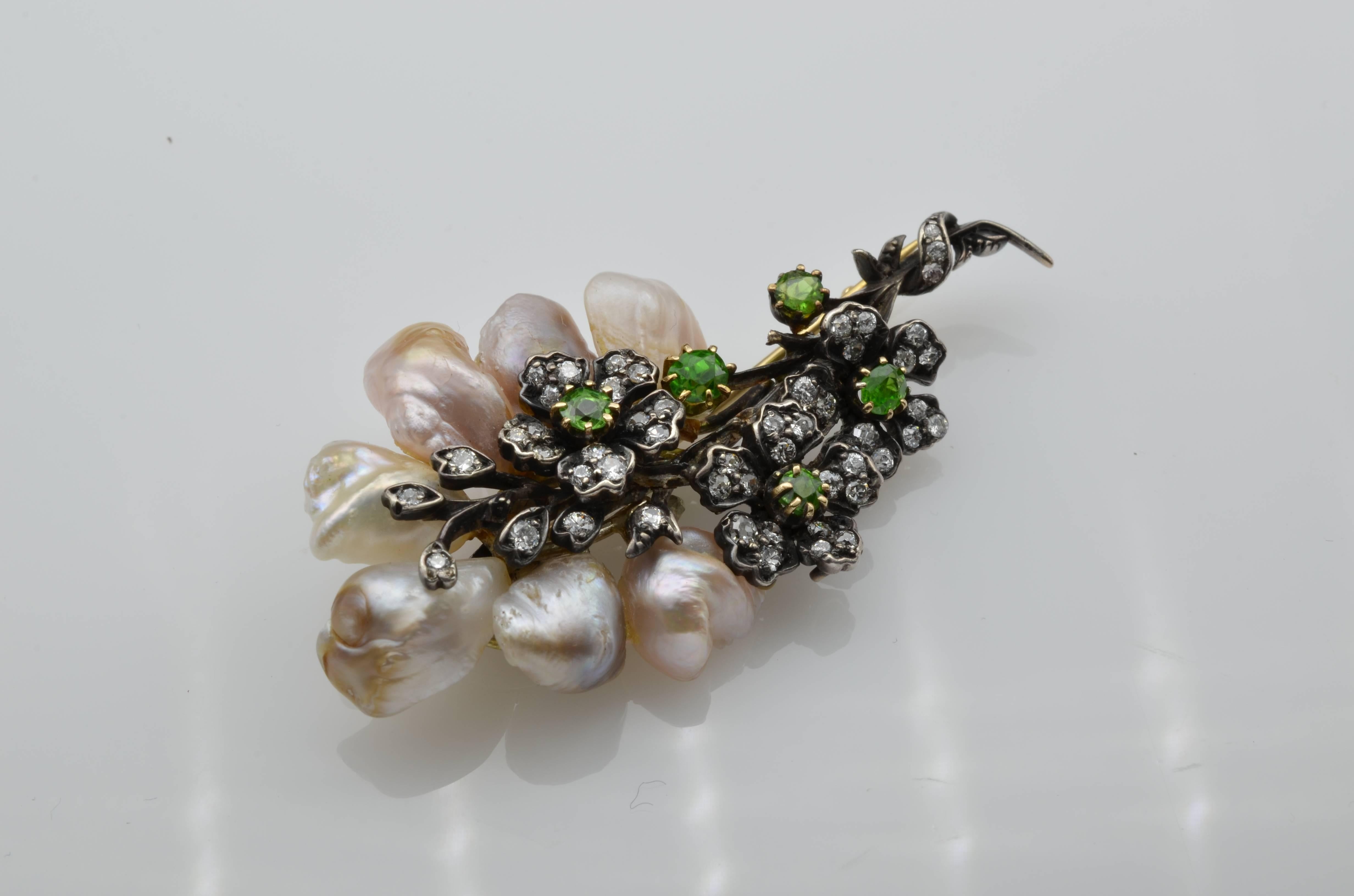 Victorian Antique Fresh Water Pearl Demantoid Garnet and Diamond Brooch, 1890s