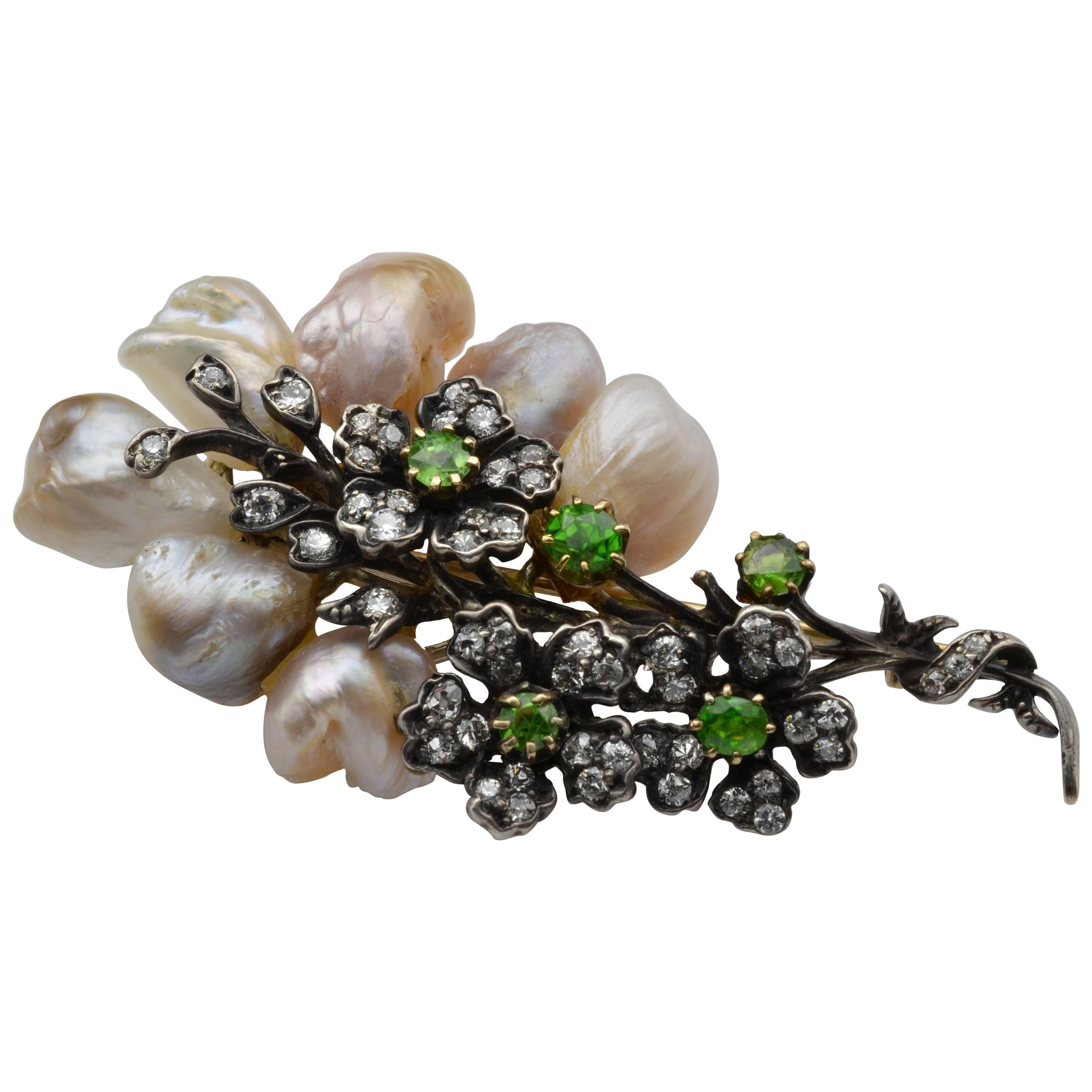 Antique Fresh Water Pearl Demantoid Garnet and Diamond Brooch, 1890s