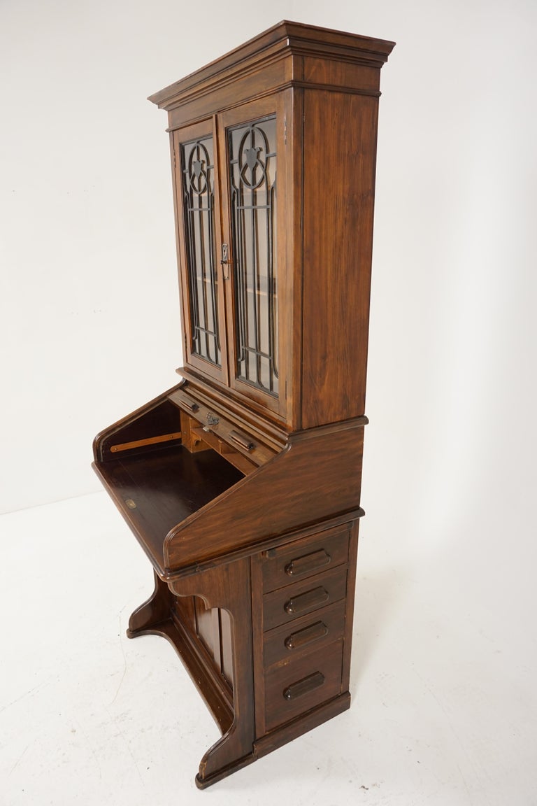 Antique Fretwork Ladies Roll Top Desk, Bookcase Top, Scotland 1910, B1871 at 1stDibs