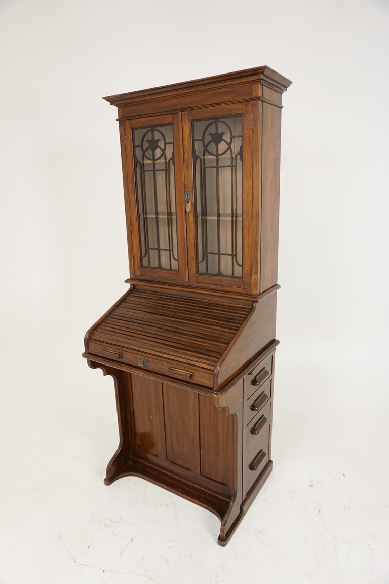 Antique Fretwork Ladies Roll Top Desk, Bookcase Top, Scotland 1910, B1871 at 1stDibs