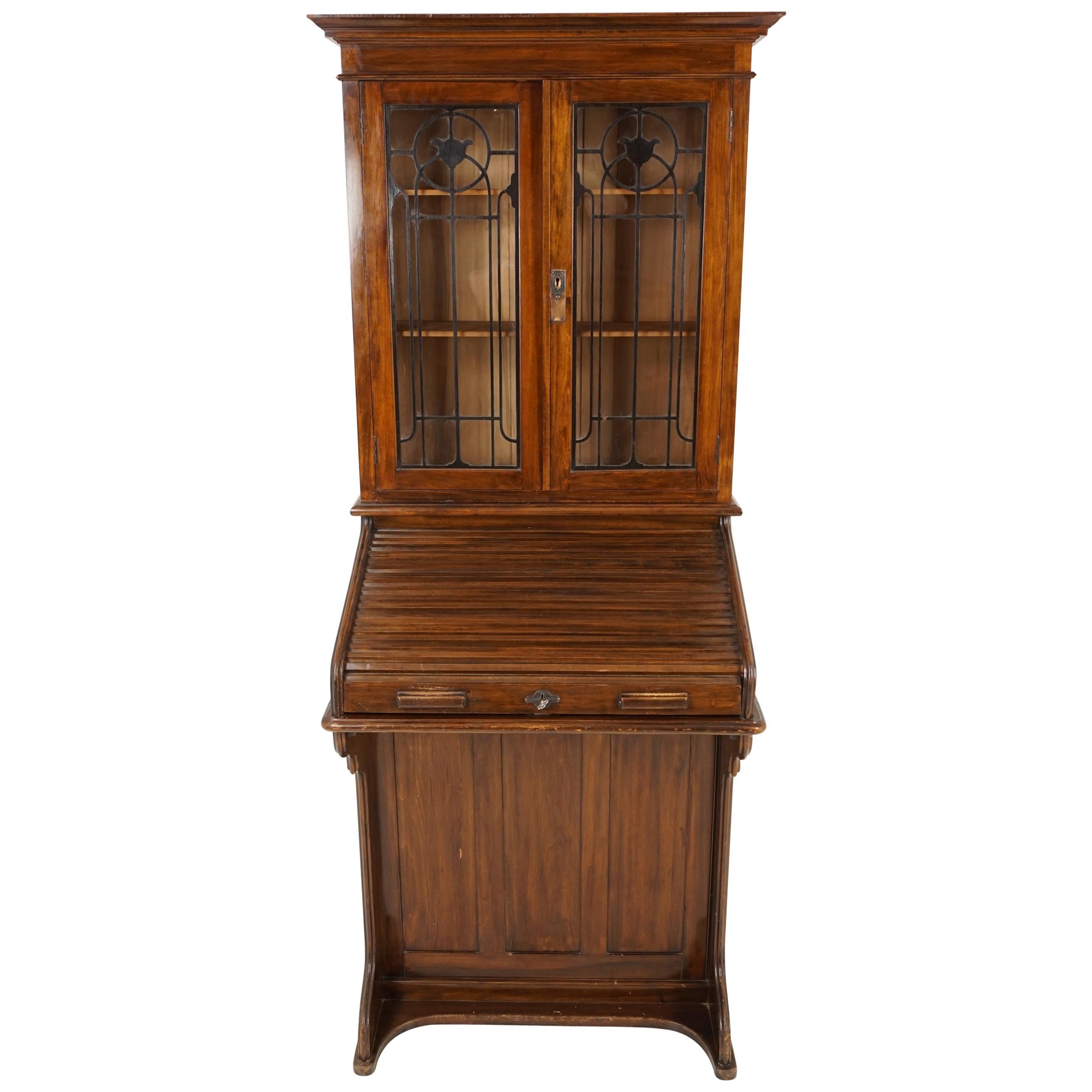 Antique Fretwork Ladies Roll Top Desk, Bookcase Top, Scotland 1910