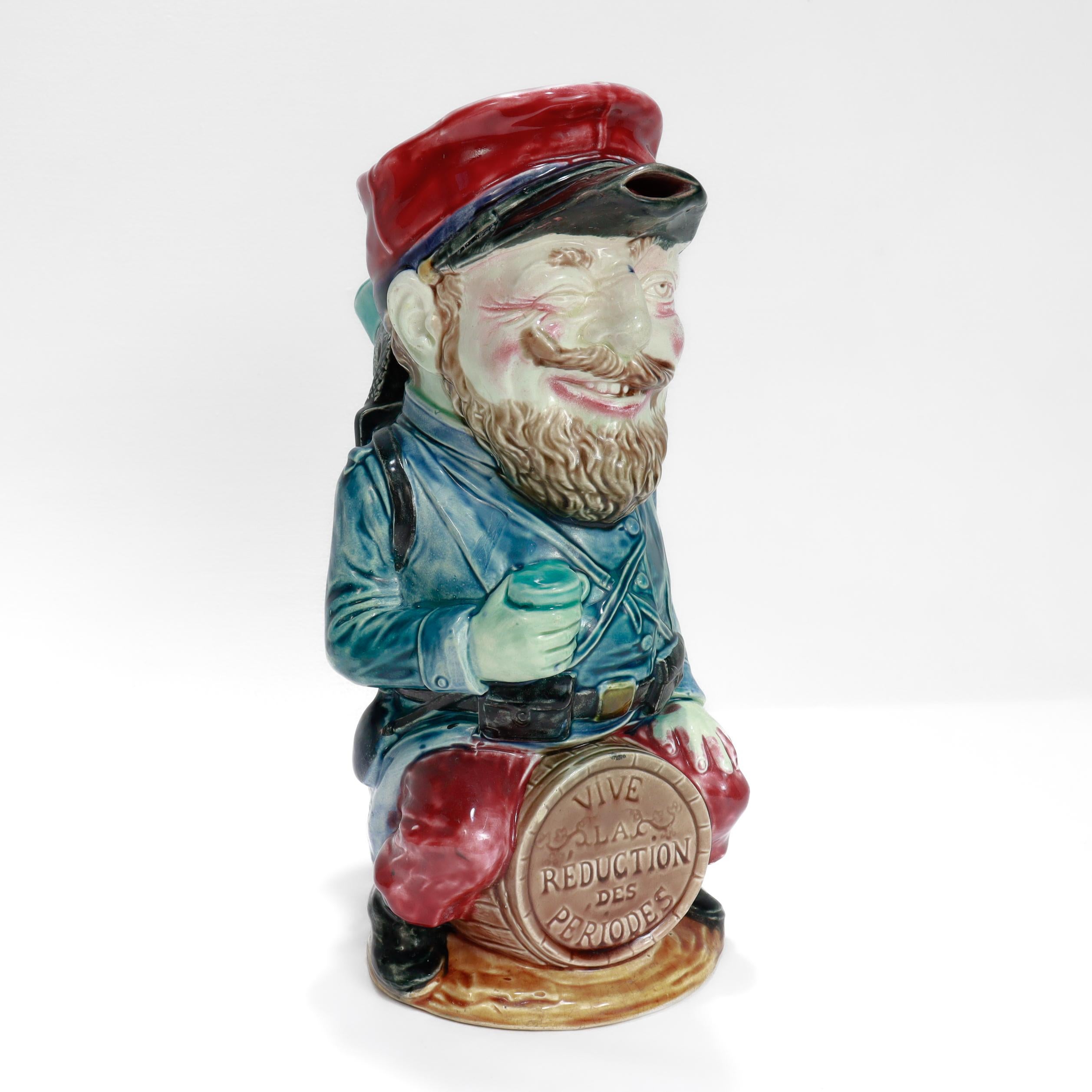 Antique Frie Onnaing Satirical French Majolica Drunken Soldier Toby Pitcher For Sale 2