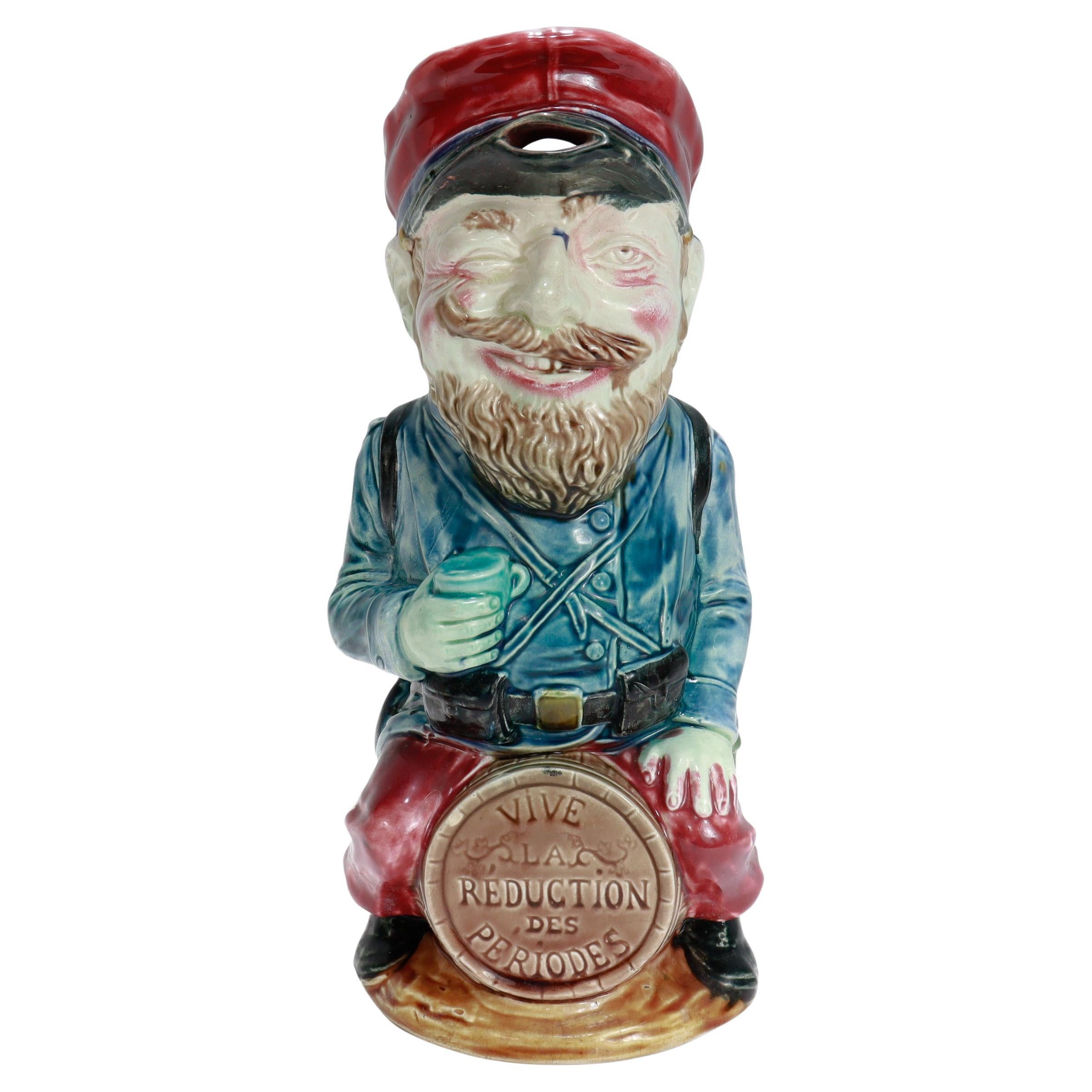 Antique Frie Onnaing Satirical French Majolica Drunken Soldier Toby Pitcher For Sale
