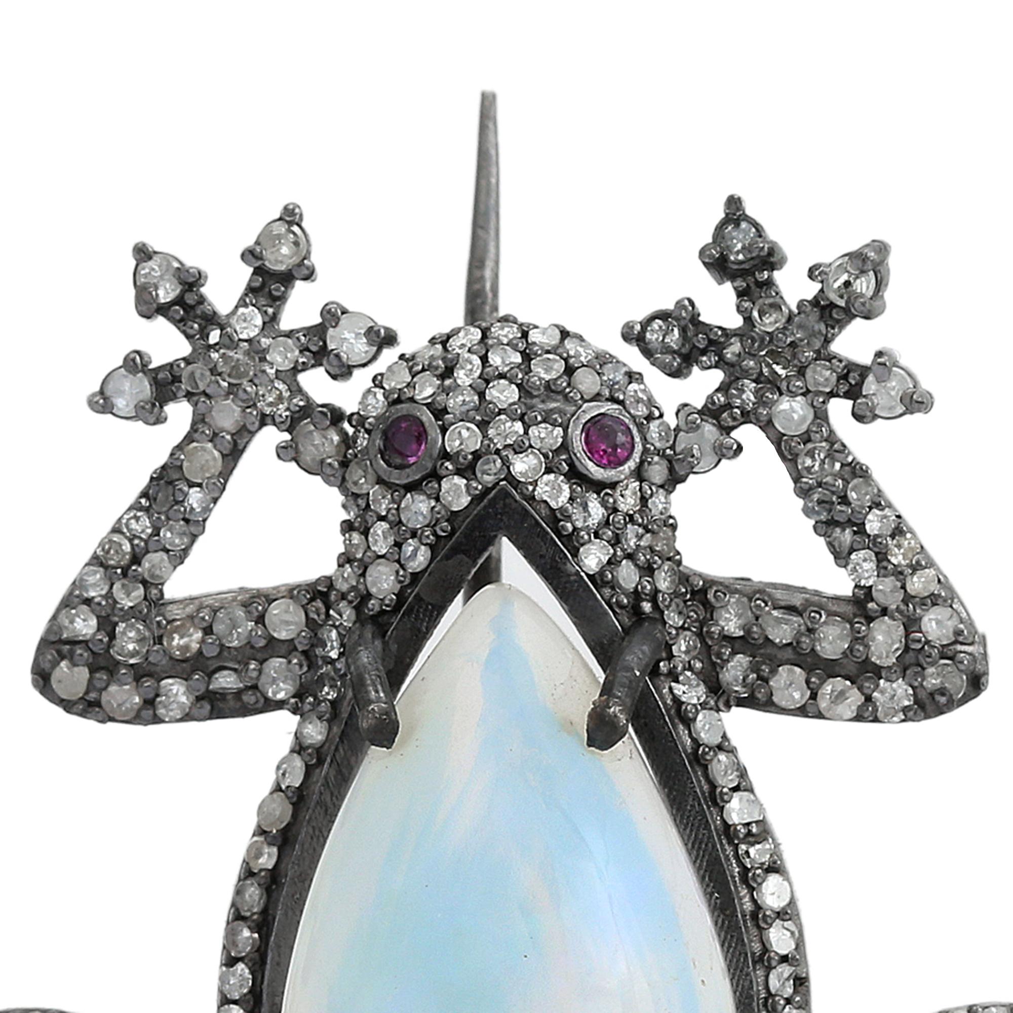 Broche Victoriano Antiguo Rana Engastado Ópalo Diamante Alfiler de Solapa para Él 8,55 quilates Corte pera