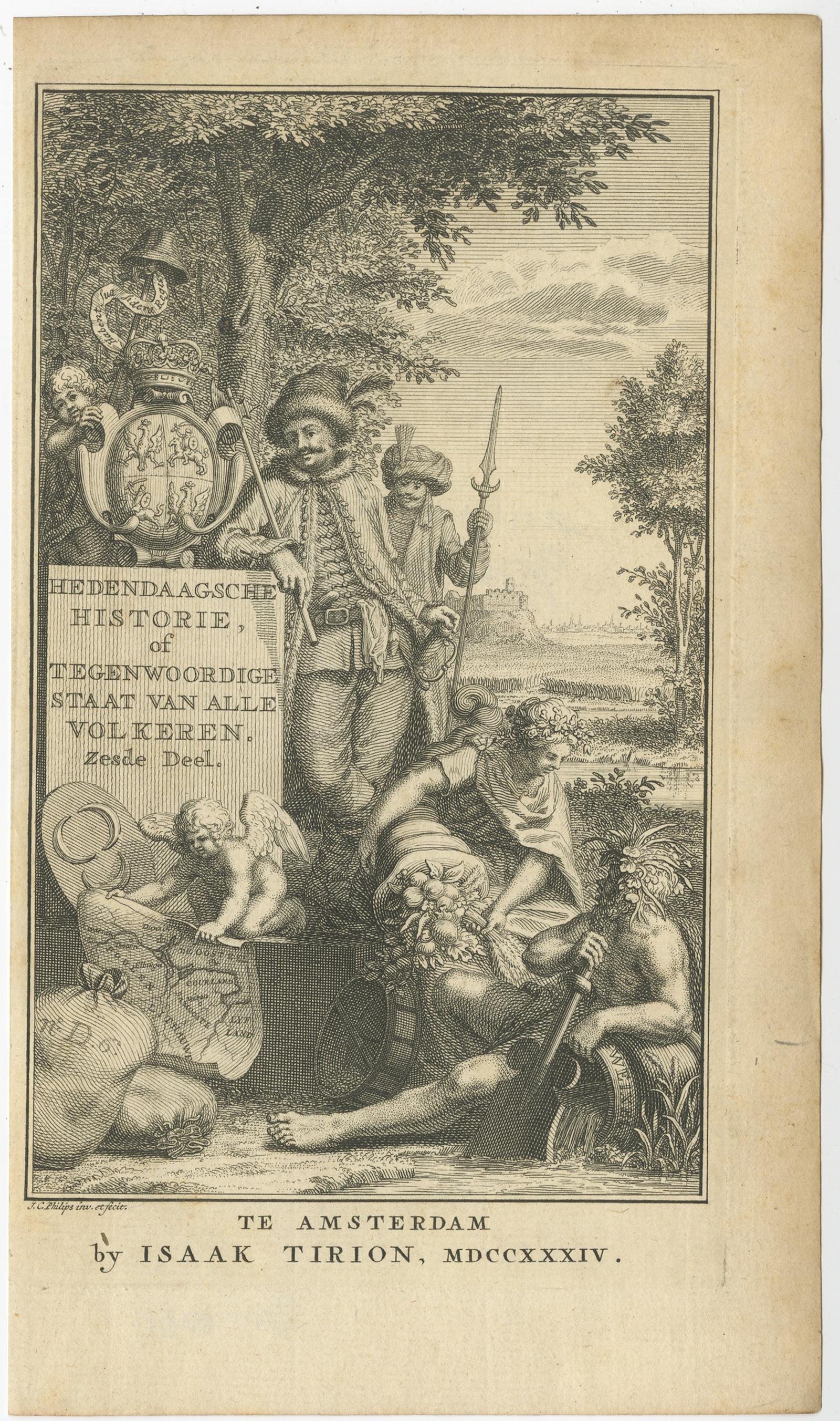 Frontispice ancien du 6e volume de 'Hedendaagsche historie of tegenwoordige staat van allen volkeren (...)' par Thomas Salmon. Ce volume décrit une partie de l'Europe. 

Artistes et graveurs : Publié par I+I, Amsterdam.

Condit : Très bon,