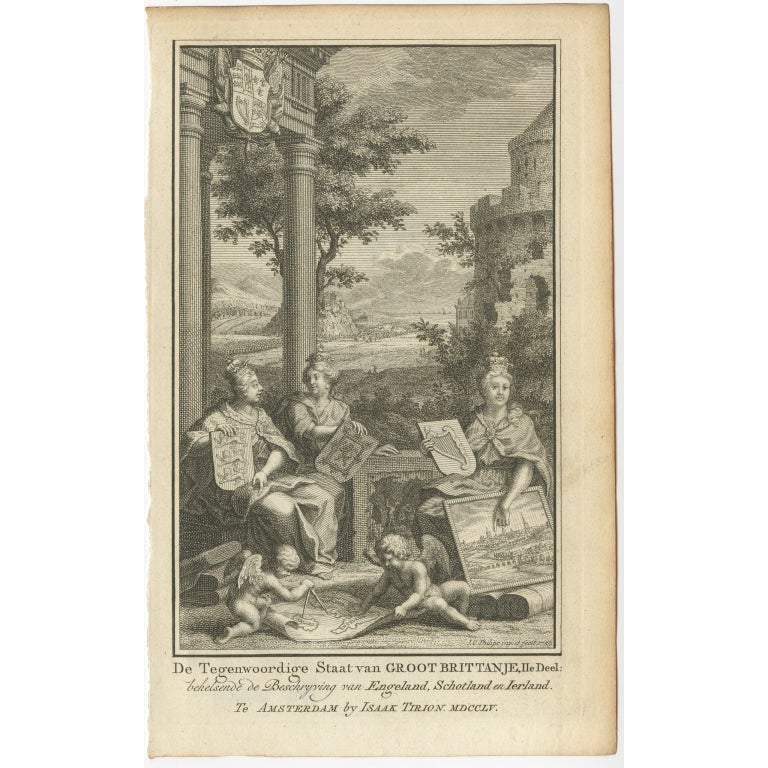 Frontispice ancien du 2ème volume de 'Hedendaagsche Historie of Tegenwoordige staat van Groot Brittannie behelsende de beschrijving van Engeland ,Schotland en Ierland'. Ce volume décrit l'Angleterre, l'Écosse et l'Irlande.

Artistes et graveurs :
