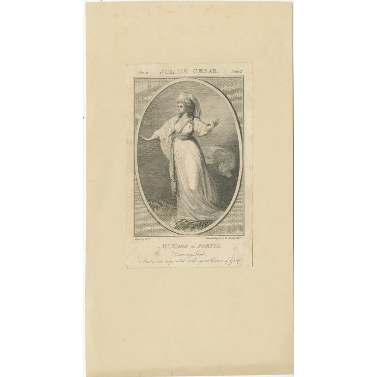 Antique print titled 'Mrs. Ward in Portia'. Frontispiece from Bell's Shakespeare; portrait of Mrs Ward as Portia in 'Julius Caesar'; whole-length, turned to the left, wearing a long dress with transparent scarf billowing over her right arm; oval in