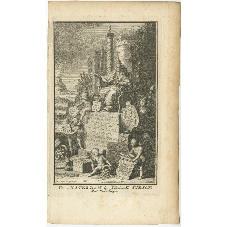 Antique frontispiece of the 2nd volume of 'Hedendaagsche Historie Of Tegenwoordige Staat Van Switzerland en Italië' by Thomas Salmon. This volume describes Switzerland and Italy.

Artists and Engravers: Published by I. Tirion,