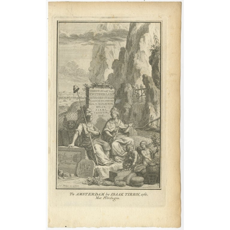 Antikes Frontispiz des 1. Bandes der 'Hedendaagsche Historie Of Tegenwoordige Staat Van Switzerland en Italië' von Thomas Salmon. Dieser Band beschreibt die Schweiz und Italien.

Künstler und Graveure: Herausgegeben von I. Tirion,