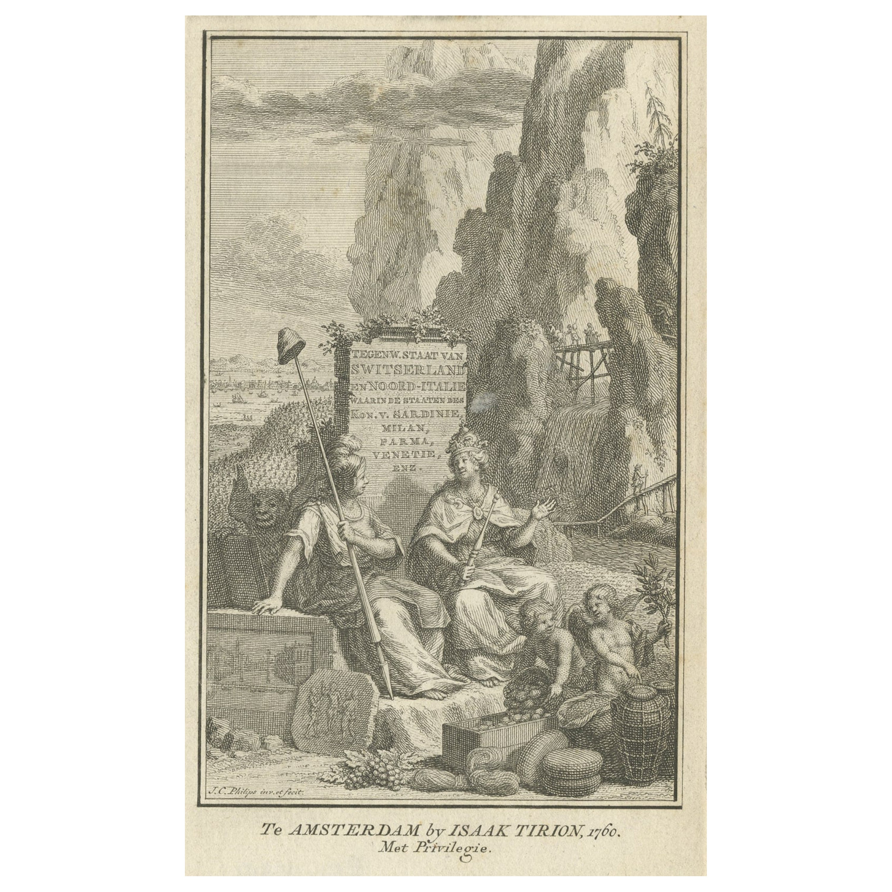 Antique Frontispiece of the Volume Switzerland en Italië, 1760