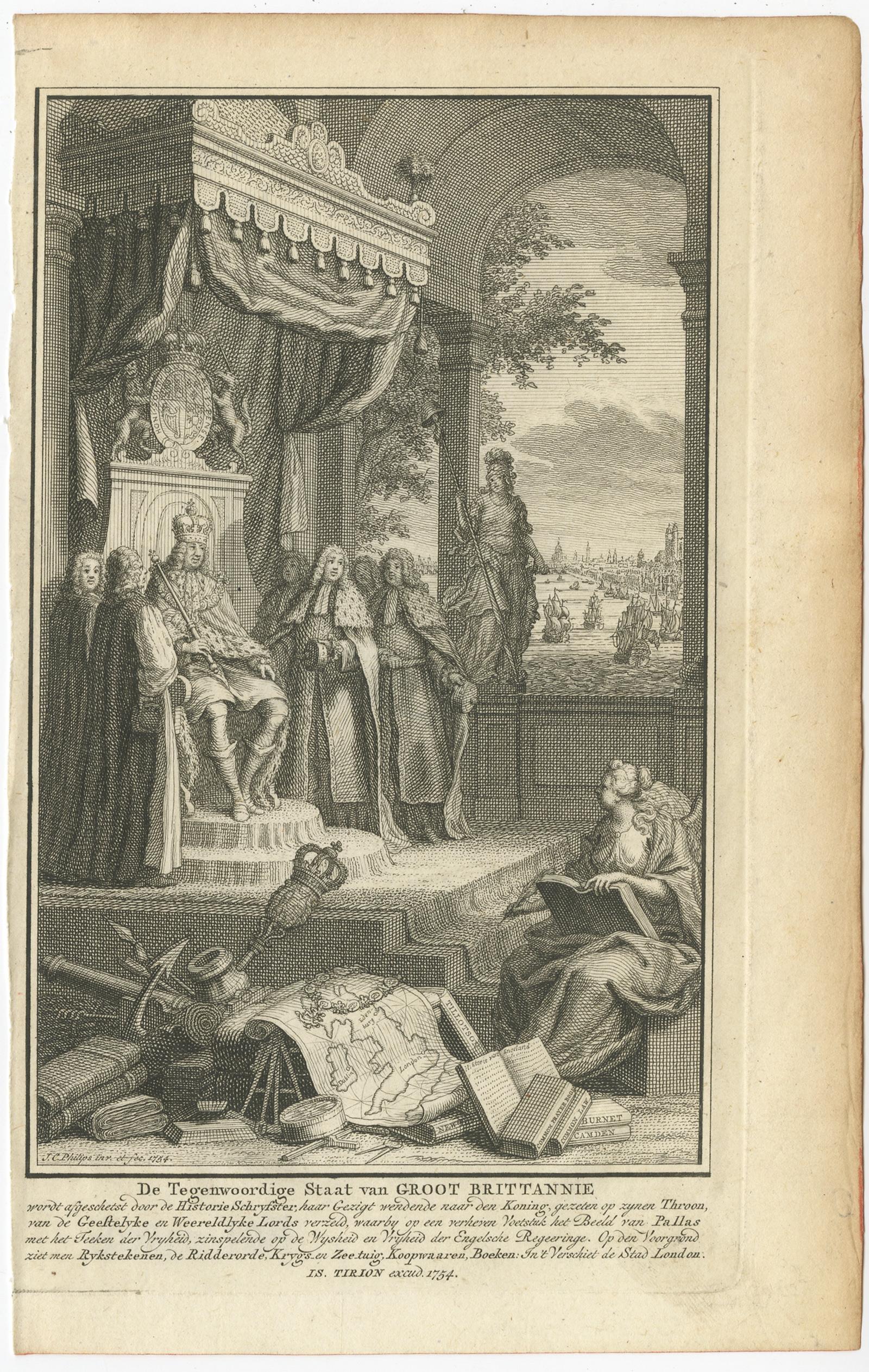 Antique frontispiece of the 1st volume of 'Hedendaagsche Historie of Tegenwoordige staat van Groot Brittannie behelsende de beschrijving van Engeland ,Schotland en Ierland'. This volume describes England, Scotland and Ireland.

Artists and