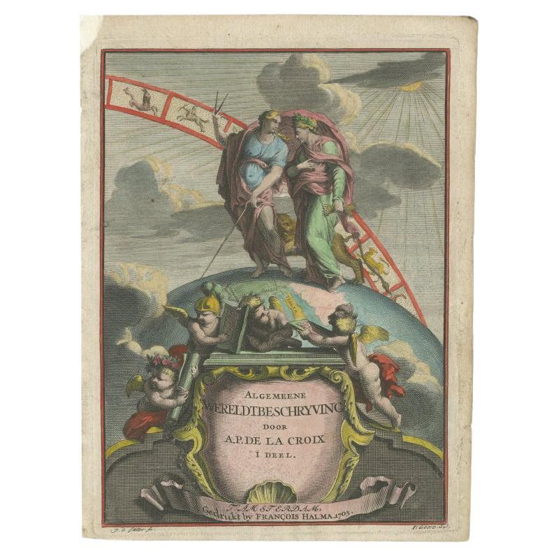 Antique Frontispiece with Allegorical Figures, a Globe and Zodiac Signs, 1705 For Sale
