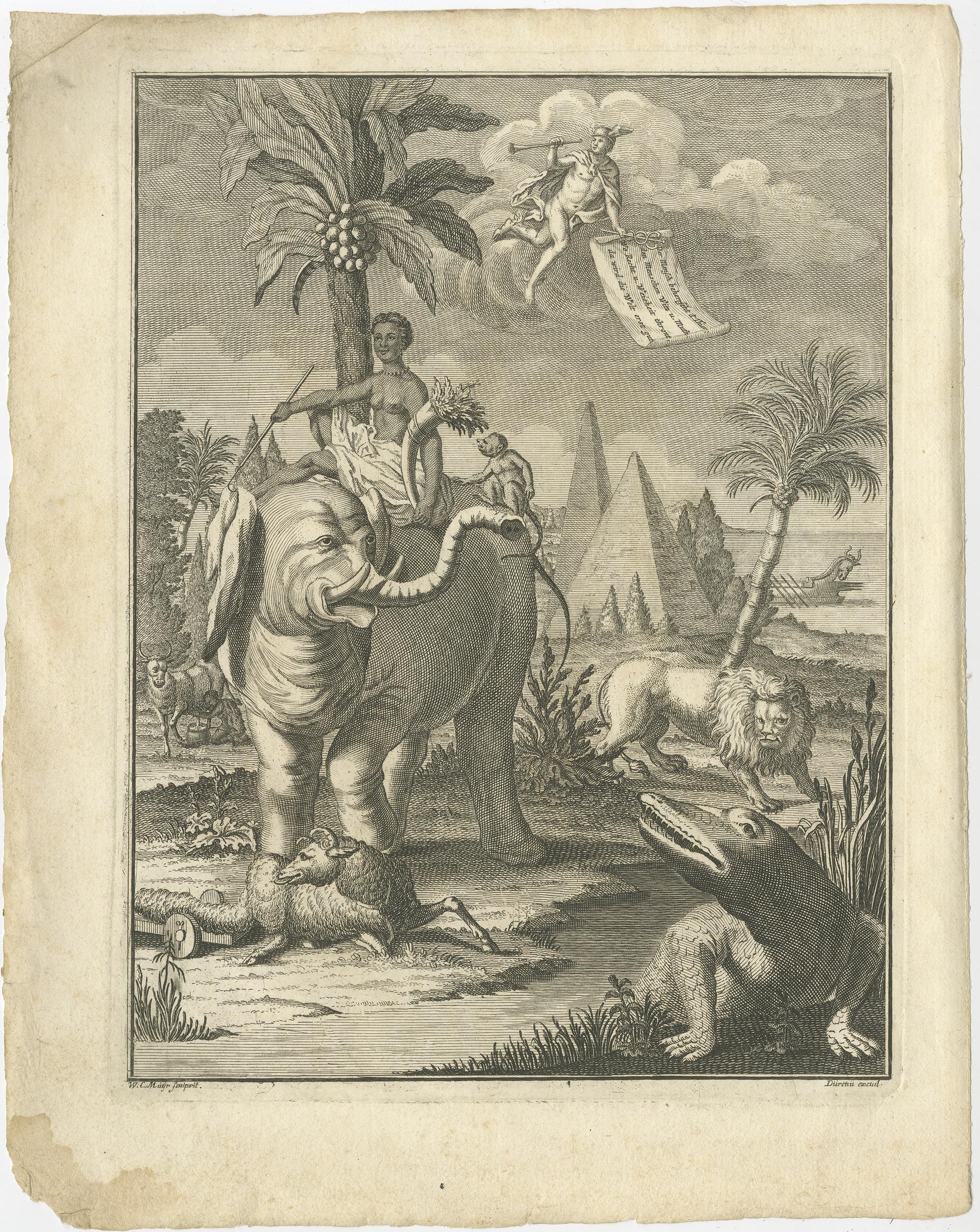 Antique frontispiece with various animals including an elephant, crocodile and lion. This print originates from volume 2 of 'New collection of the strangest travel stories, especially the most trusted news from the countries and peoples of the whole