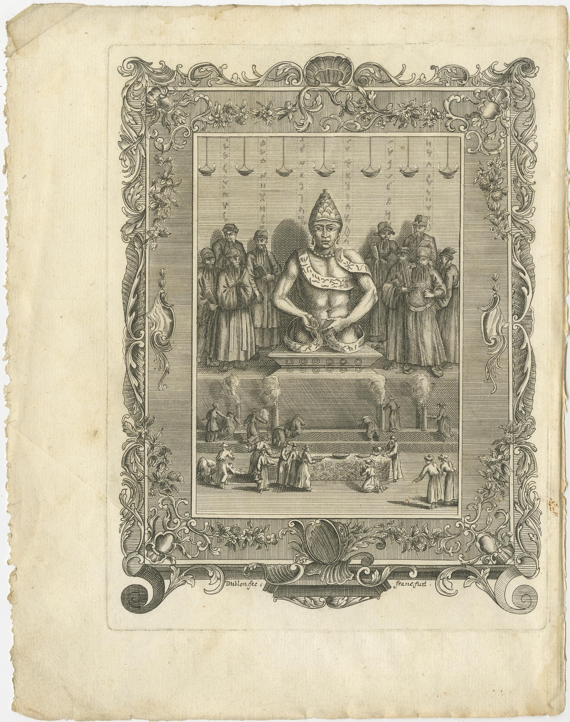 Antique frontispiece with religious figures. This print originates from volume 5 of '' New collection of the strangest travel stories, especially the most trusted news from the countries and peoples of the whole world '', 1752.

Artists and