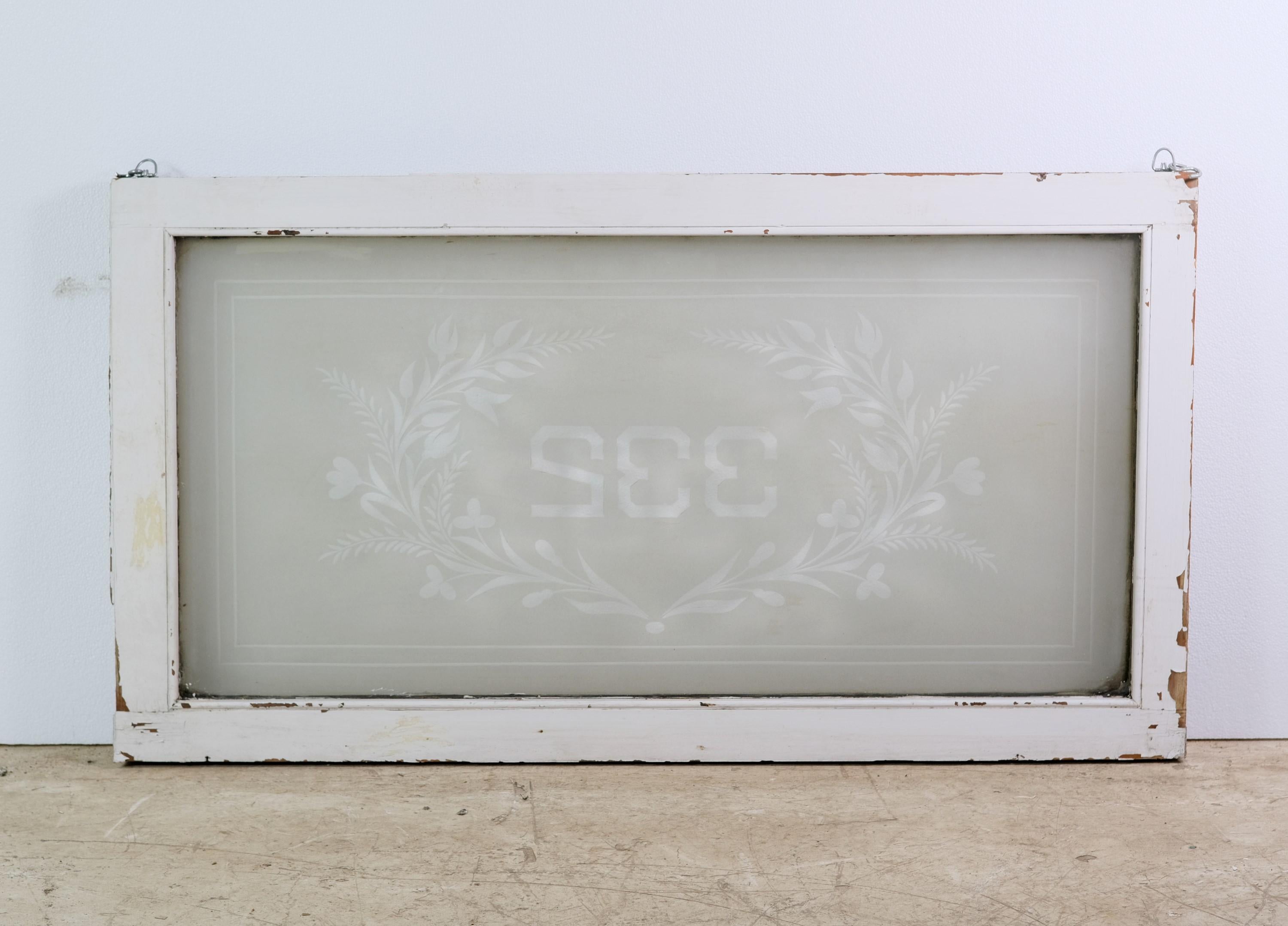 Victorian Antique Frosted Glass Transom Window w/ Etched Foliate Details, #332 House No.
