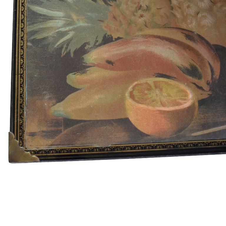 20th Century Antique Fruit and Flower Still Life Wall Hanging on Wood with Campaign Brackets For Sale