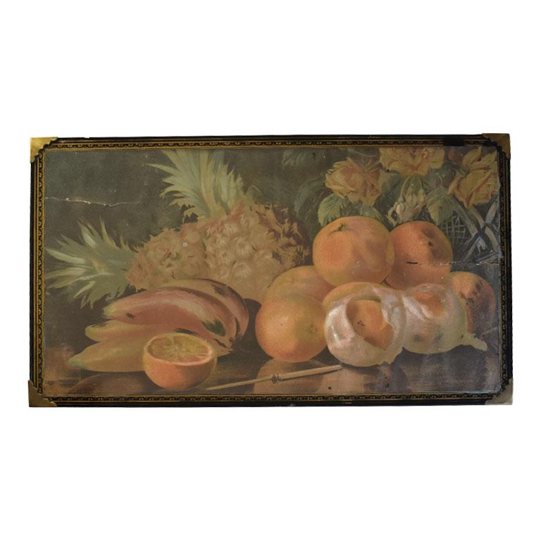 Antique Fruit and Flower Still Life Wall Hanging on Wood with Campaign Brackets For Sale
