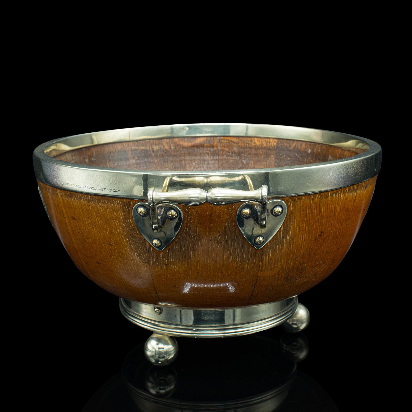 British Antique Fruit Bowl, English, Oak, Silver Plate, Country House, Dish, Victorian