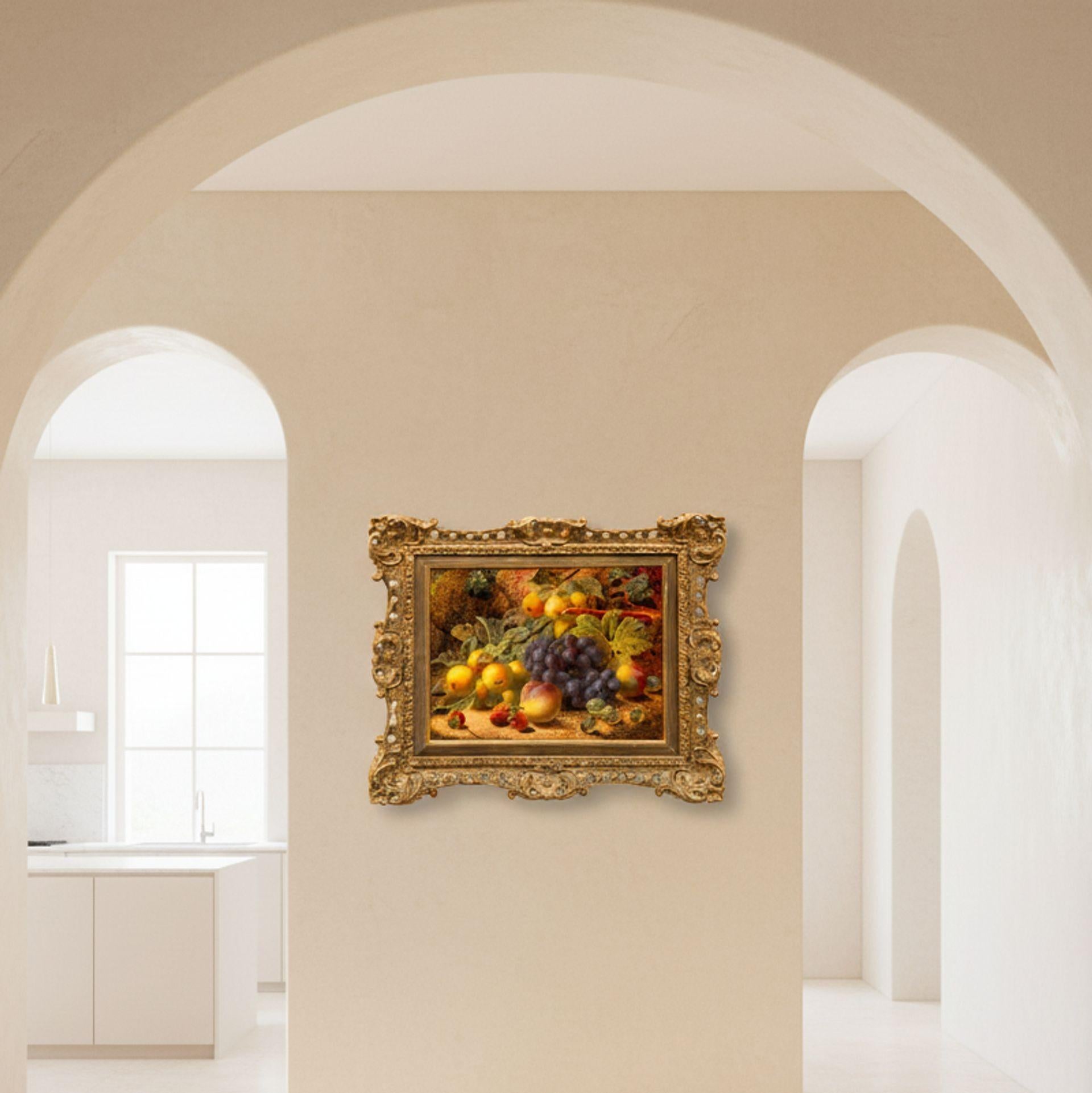 OLIVER CLARE
Britannico, 1853-1927

Natura morta con uva, uva spina, mele gialle, pesche e fragole

Olio su tavola d'artista  firmato in basso a destra 