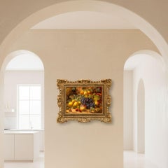 Antico dipinto a olio su frutta con mele e uva di Oliver Clare