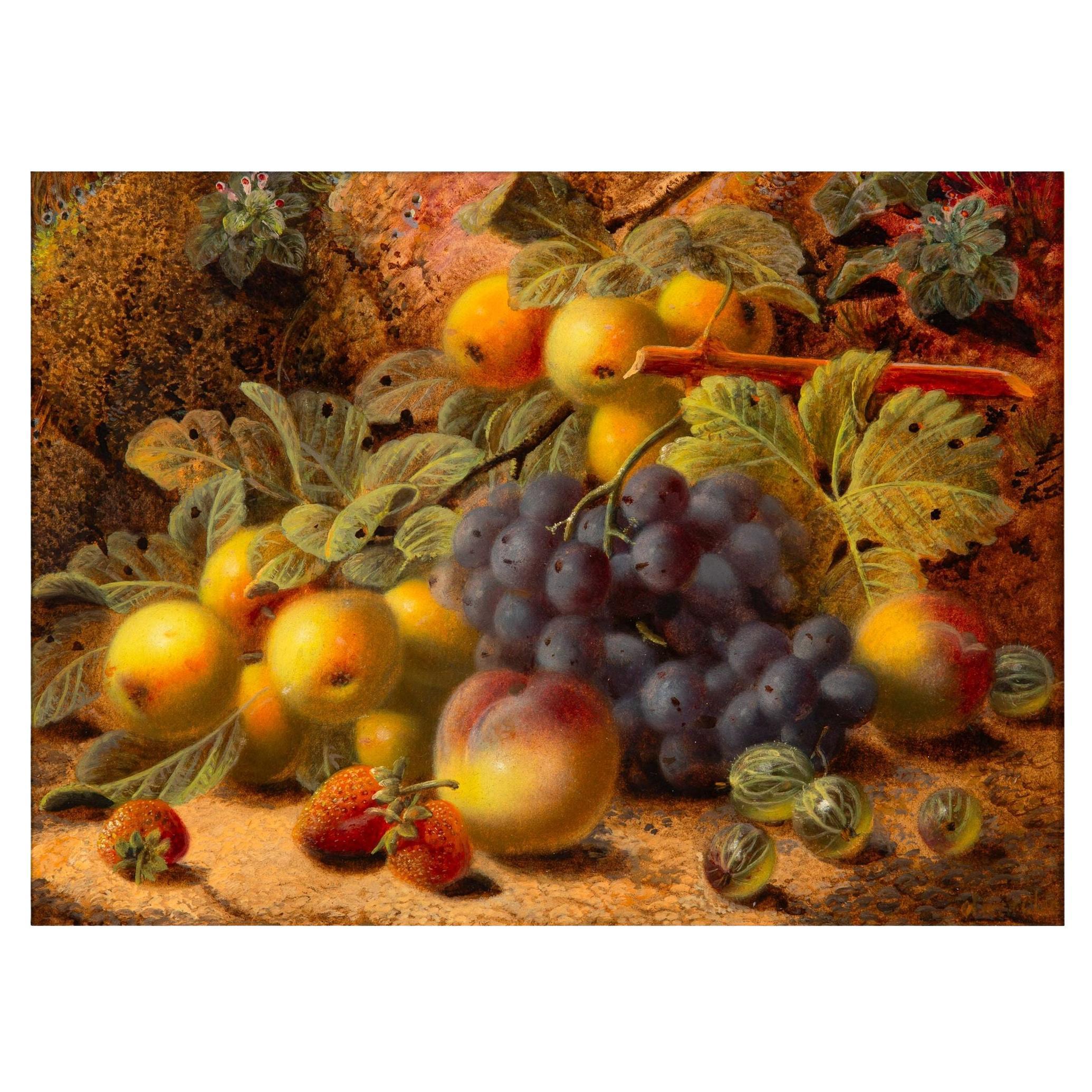 Antiguo bodegón frutal al óleo de manzanas y uvas de Oliver Clare