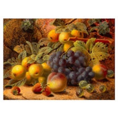 Antiguo bodegón frutal al óleo de manzanas y uvas de Oliver Clare
