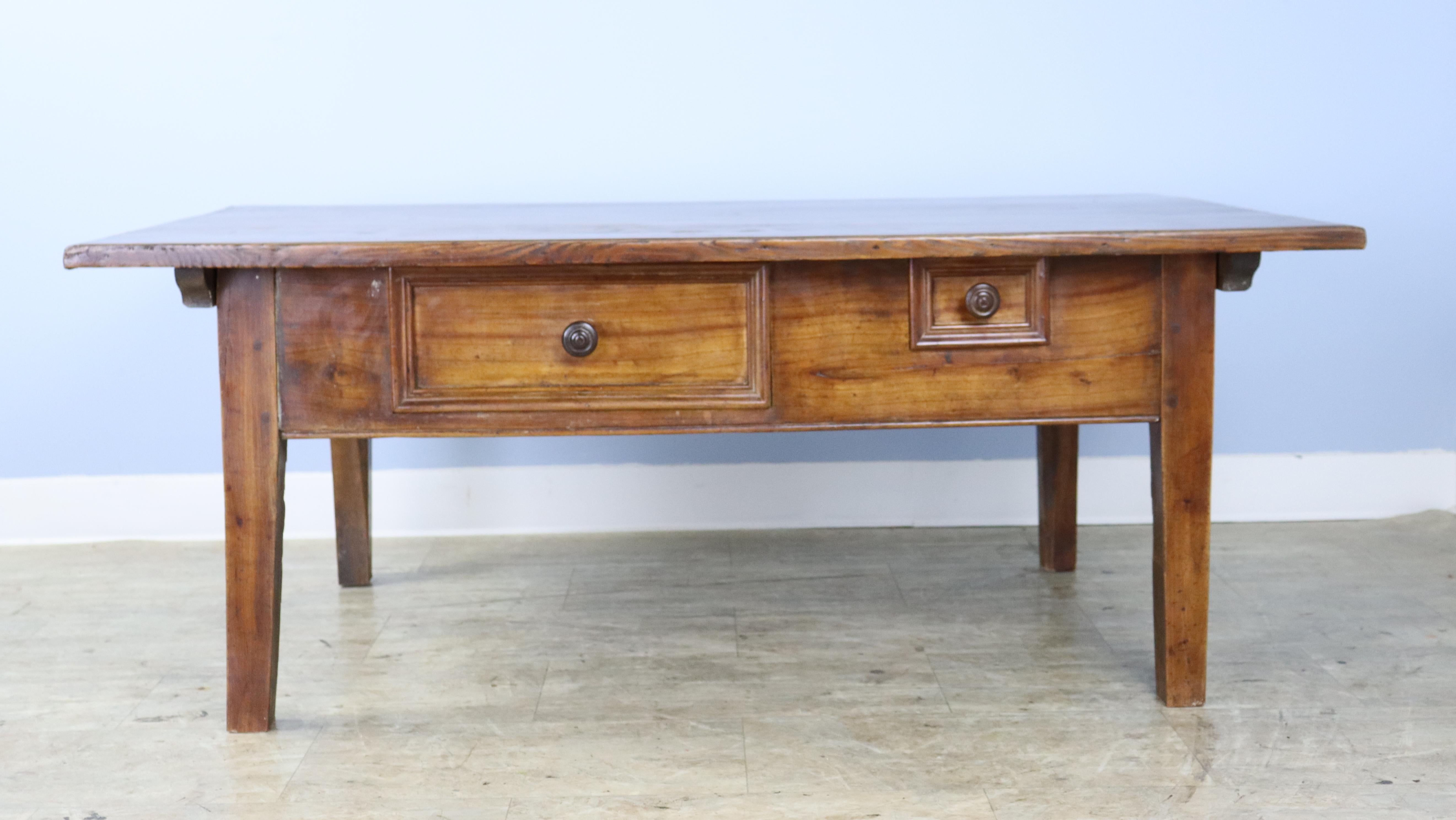 French Antique Fruitwood Alsacian Coffee Table with Two Drawers For Sale
