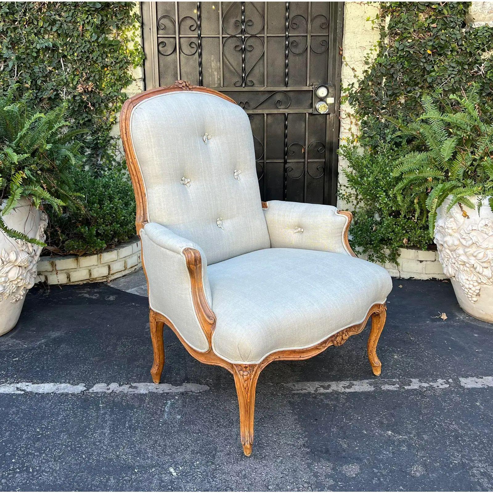 Antique 18th century fruitwood bergere arm chair. Linen upholstery.

Additional information: 
Materials: Fruitwood, Linen
Color: Tan
Period: 18th century
Styles: French
Number of Seats: 1
Item Type: Vintage, Antique or Pre-owned
Dimensions: