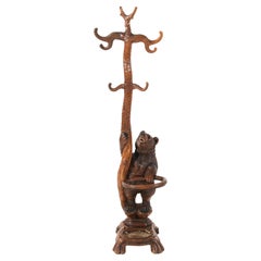 Antique Fruitwood Black Forest Standing Bear Hall Tree and Umbrella Stand, 1890s