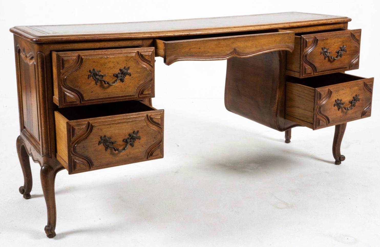 Brass Antique Fruitwood Rustic French Desk / Writing Table / Console W/ Leather Top