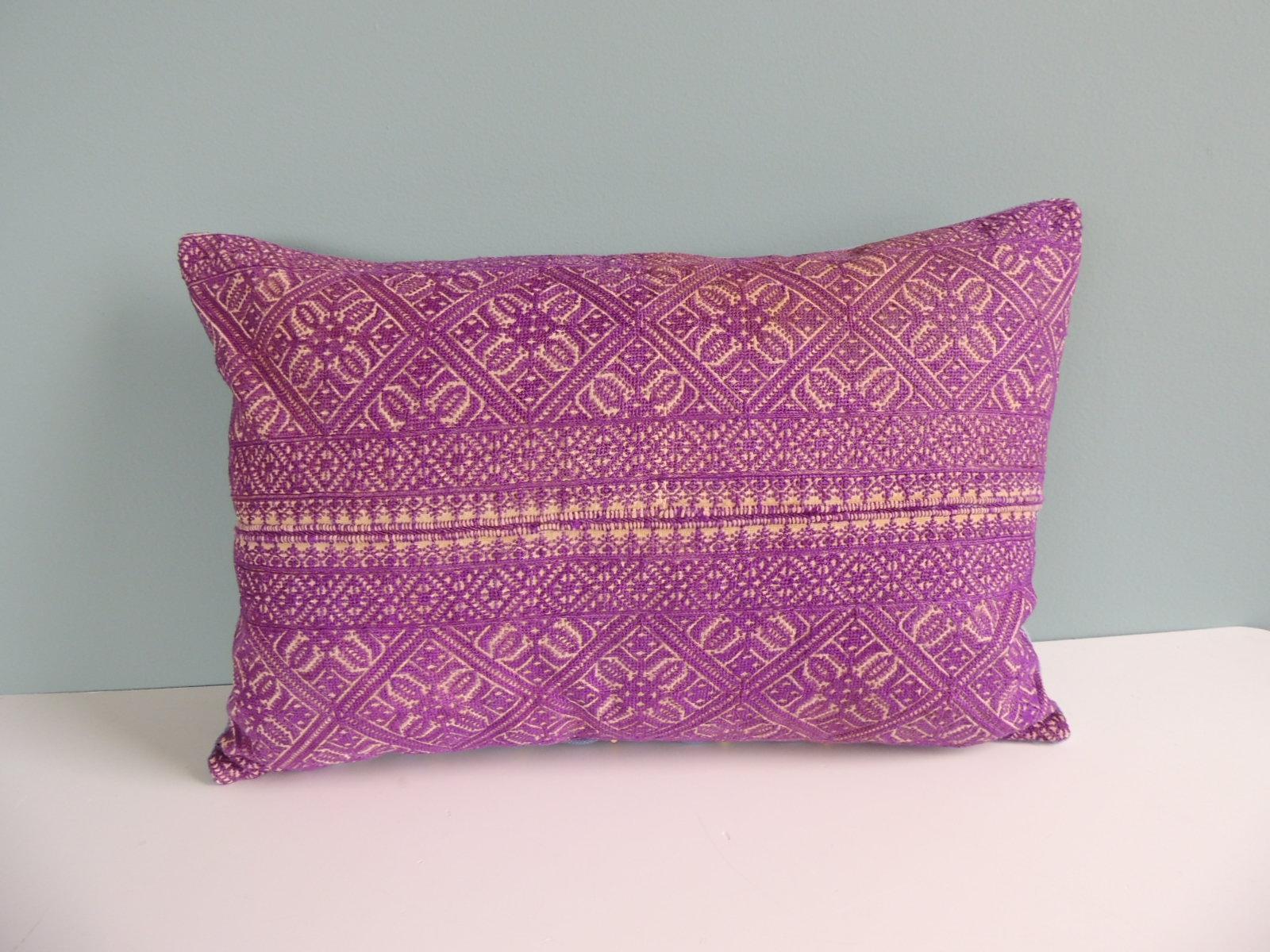 Antique Fuchsia embroidered fez decorative bolster pillow with antique blue linen backing.
Decorative pillow handcrafted and designed in the USA. 
Closure by stitch (no zipper closure) with custom-made feather / down pillow insert.
Size: 15