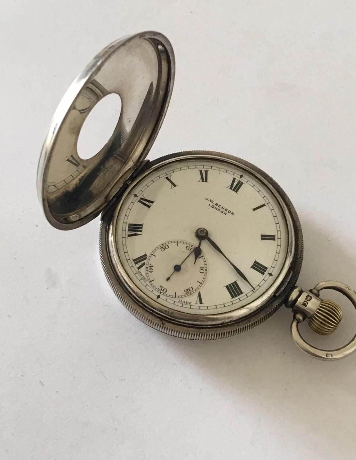 Antique Full Hunter Engine Turned Case Silver Pocket Watch BY J.W. Benson London 6