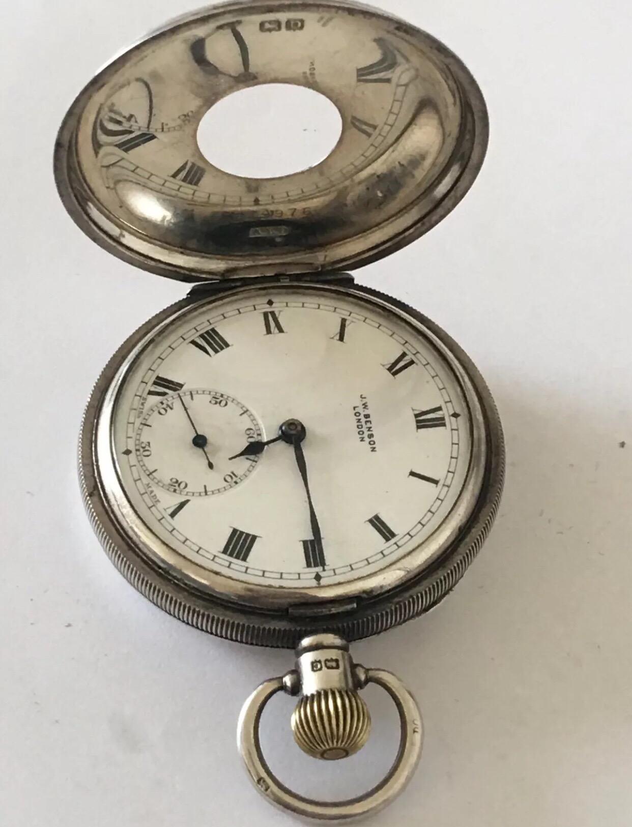 Women's or Men's Antique Full Hunter Engine Turned Case Silver Pocket Watch BY J.W. Benson London
