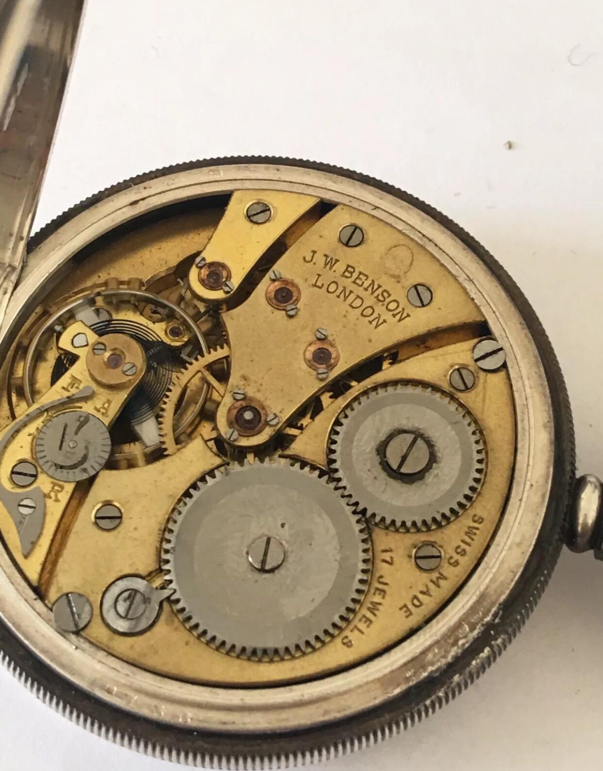 Antique Full Hunter Engine Turned Case Silver Pocket Watch BY J.W. Benson London 4