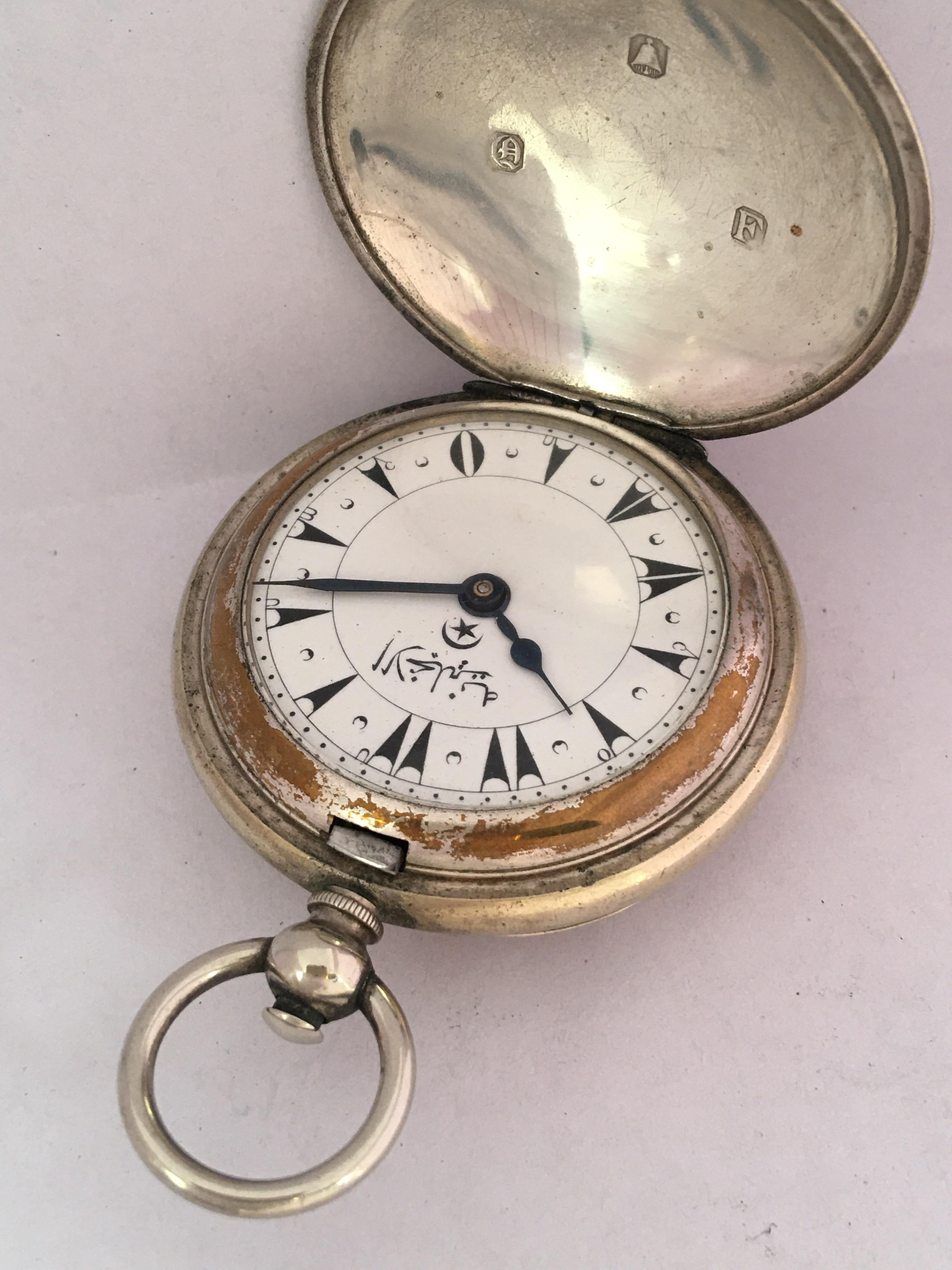 Antique Full Hunter Engine Turned Nickel Cased Turkish Market Pocket Watch For Sale 8